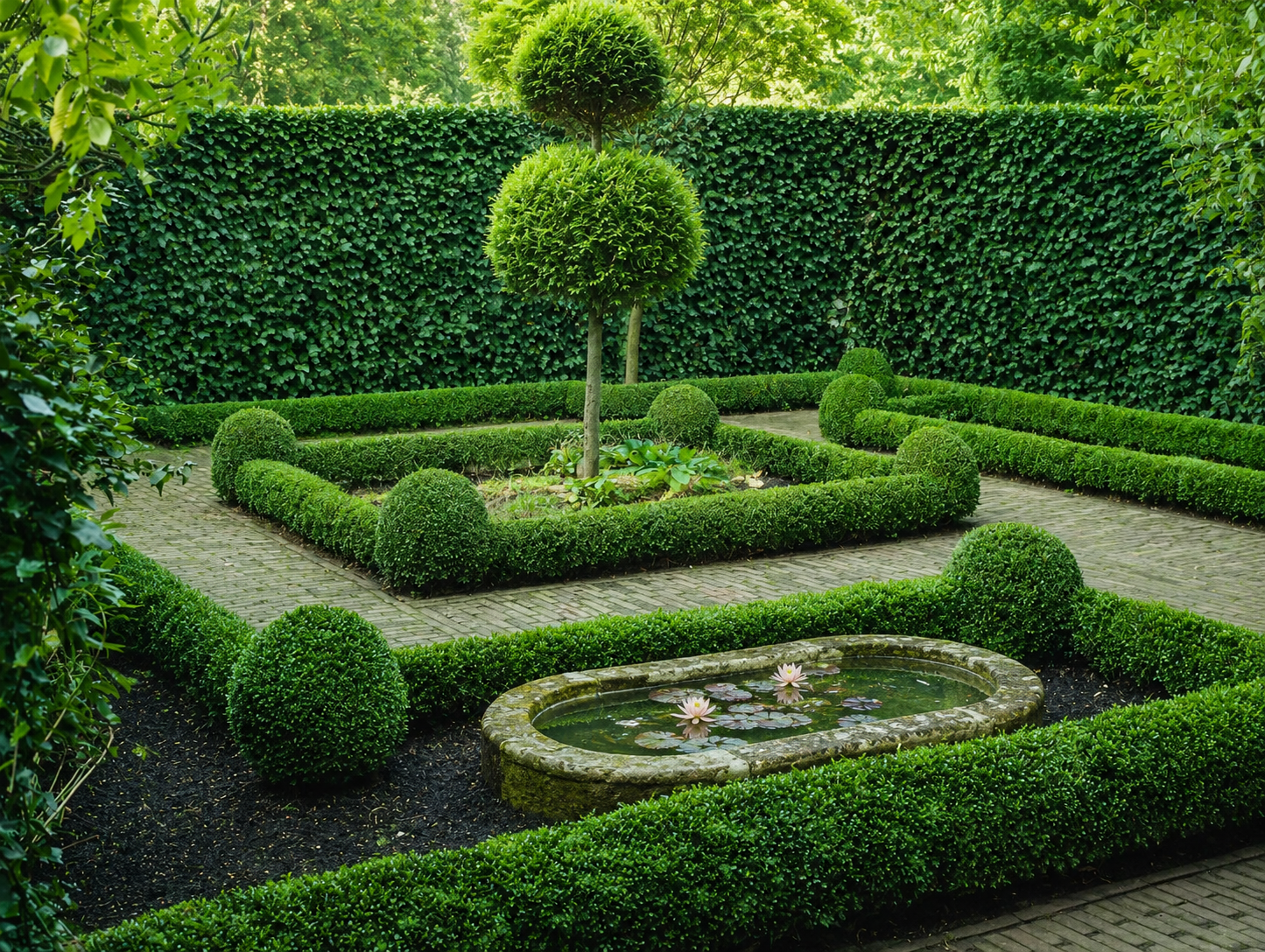 Giardino formale decorativo con siepi geometriche, vialetti in ghiaia chiara e piccola vasca ovale in pietra antica con ninfee