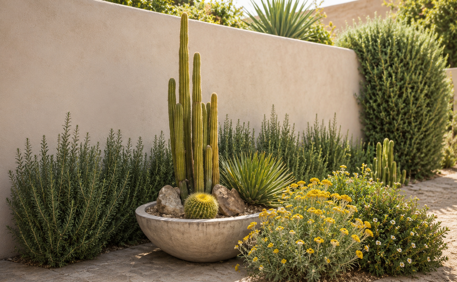 Giardino mediterraneo con piante del deserto e specie resistenti alla siccità estiva, con cactus in vaso, rosmarino, elicriso, mirto e yucca dietro un muro chiaro, progettato per richiedere poca acqua
