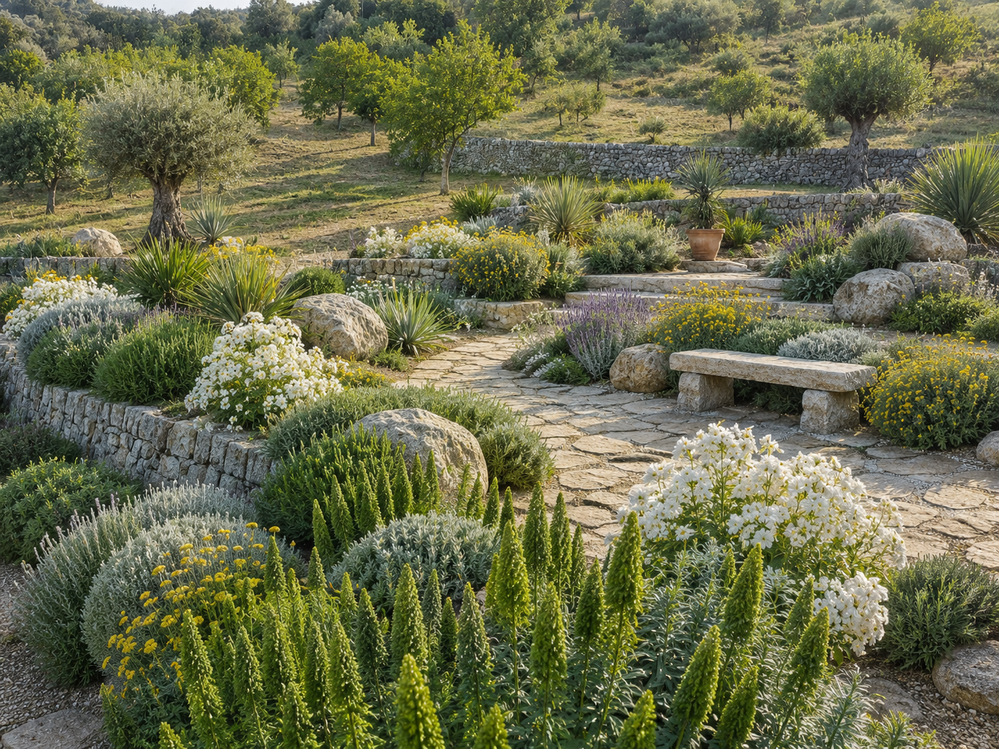 Giardino mediterraneo moderno con panca in pietra, vialetto di lastre in pietra grezza, massi di granito, olivi, rosmarino ed elicriso