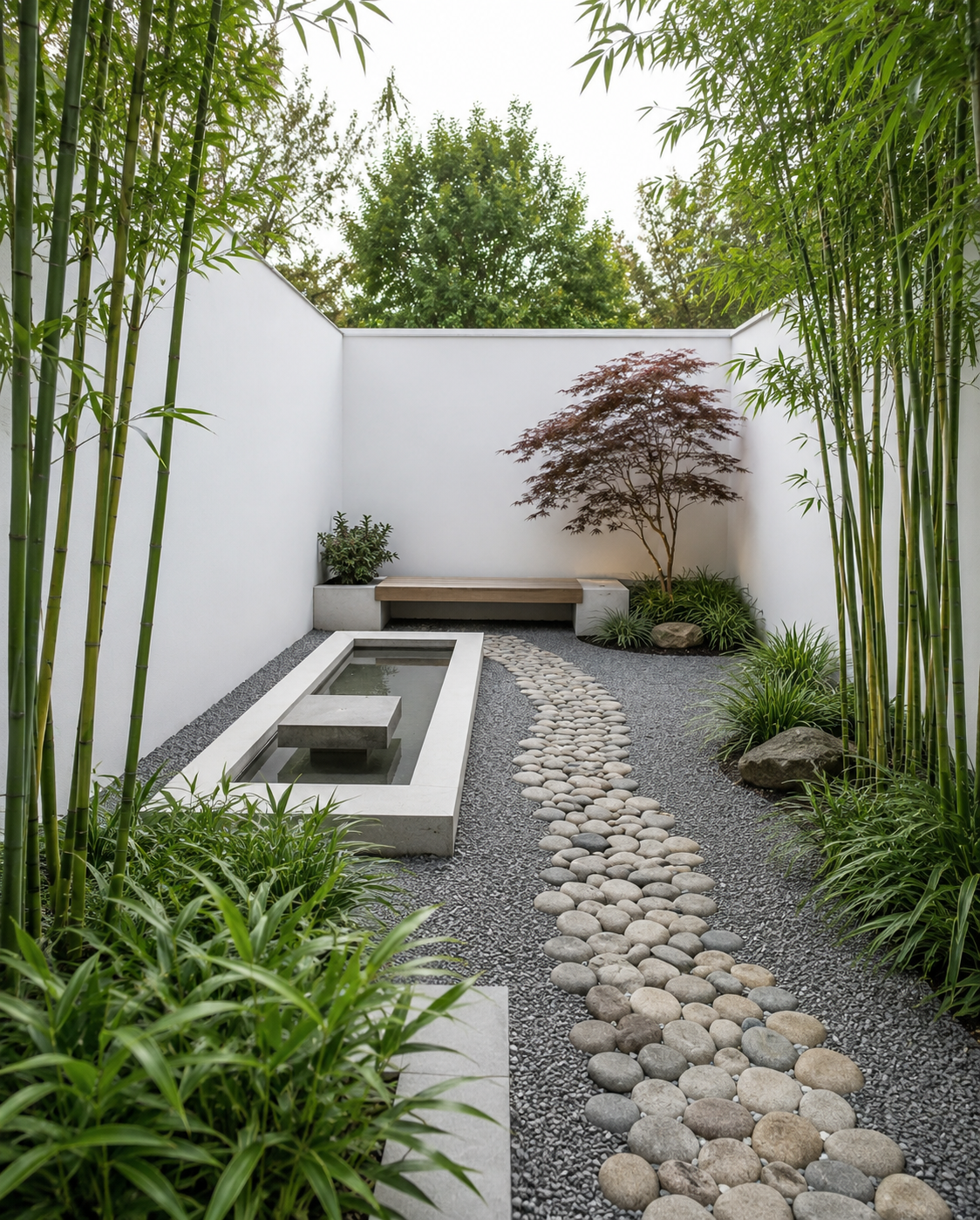 Giardino minimal sofisticato con bambù, acero giapponese, sentiero di ciottoli, ghiaia scura e vasca d’acqua in un cortile moderno