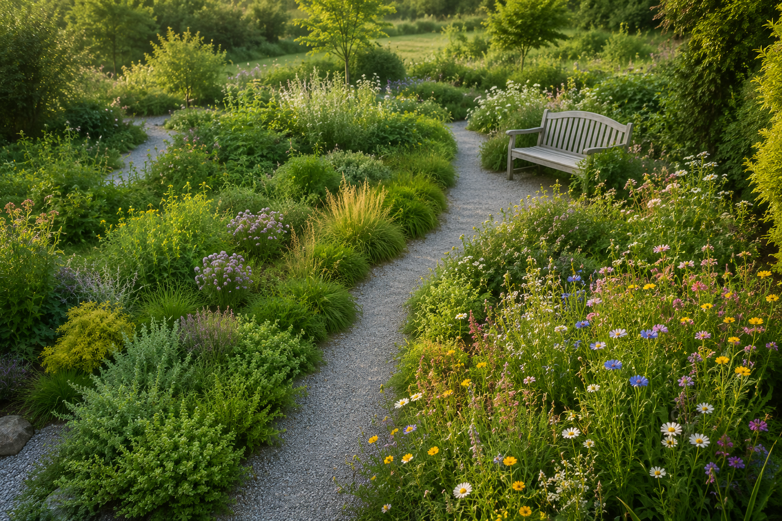 Giardino naturale con sentiero in ghiaia, fiori di campo in primo piano, verde basso e panchina in legno stile inglese