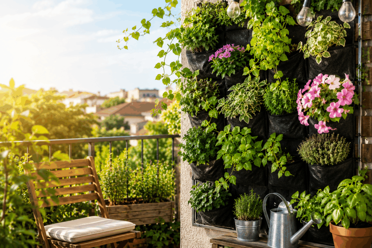 Giardino verticale su balcone con piante aromatiche e fiori in tasche modulari su parete illuminata dal sole