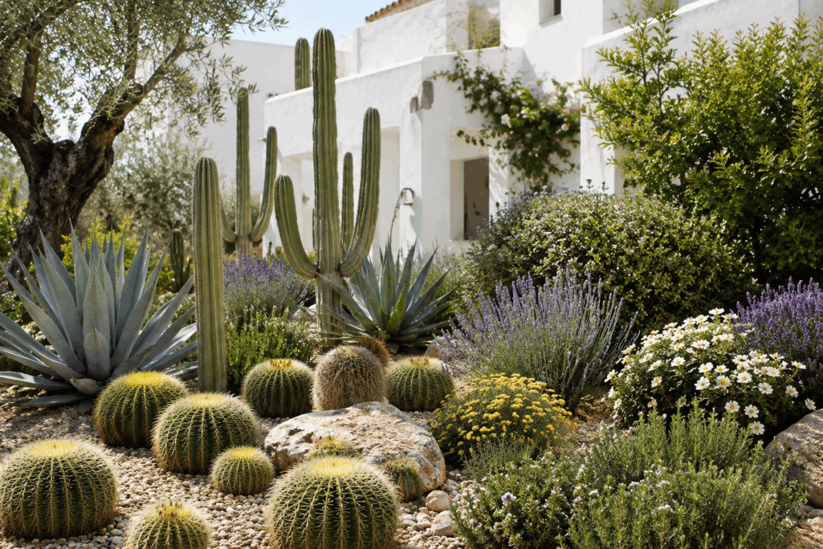 Giardino xeriscape con cactus, agavi e piante succulente, arricchito da rosmarino, lentisco, sulla, cisto e lavanda, davanti a un edificio bianco in stile italiano