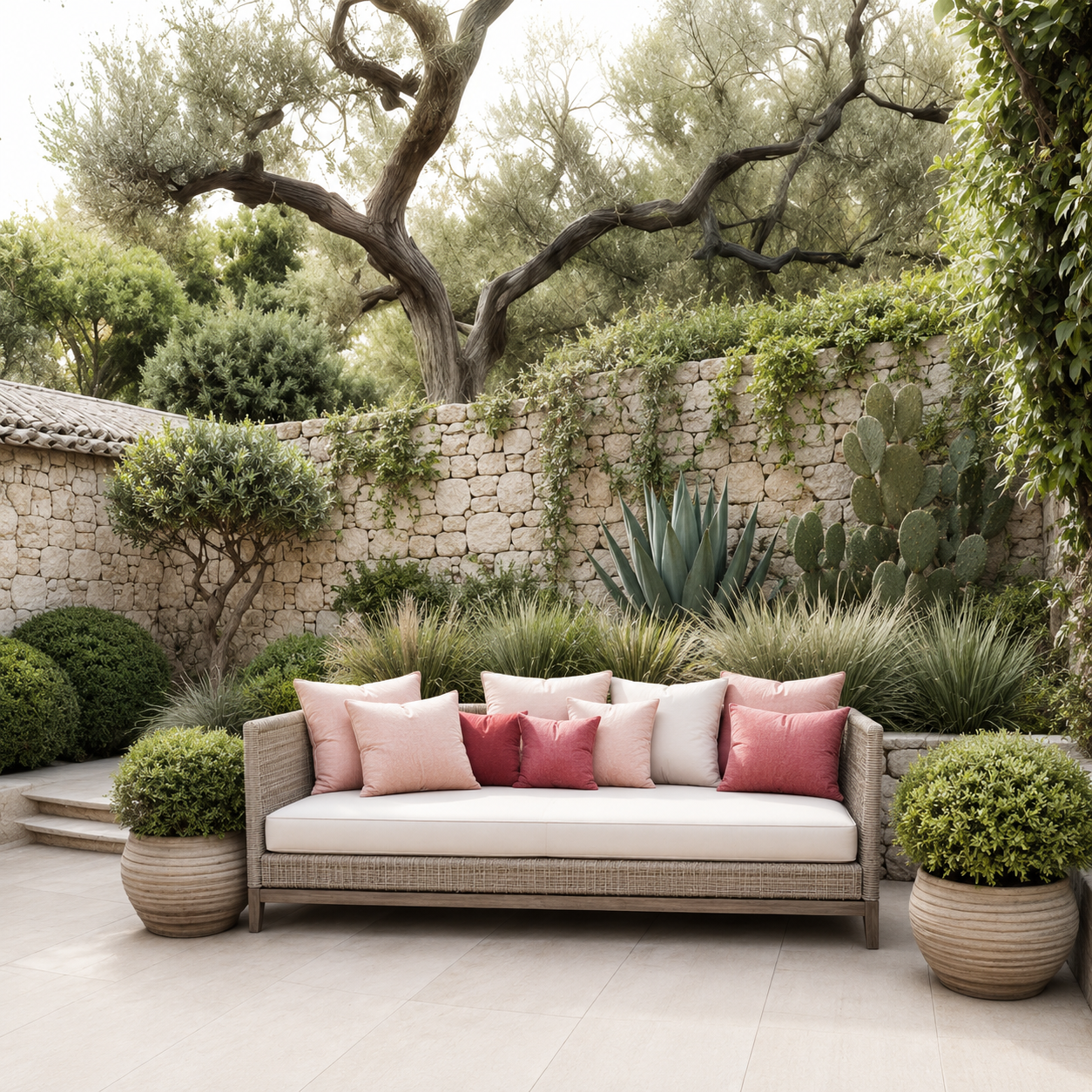 Giardino xerofilo con divano centrale, muro in pietra a spacco, agavi, opuntie, sedum e bordura di graminacee, progettato con piante ornamentali capaci di vivere bene con poca acqua