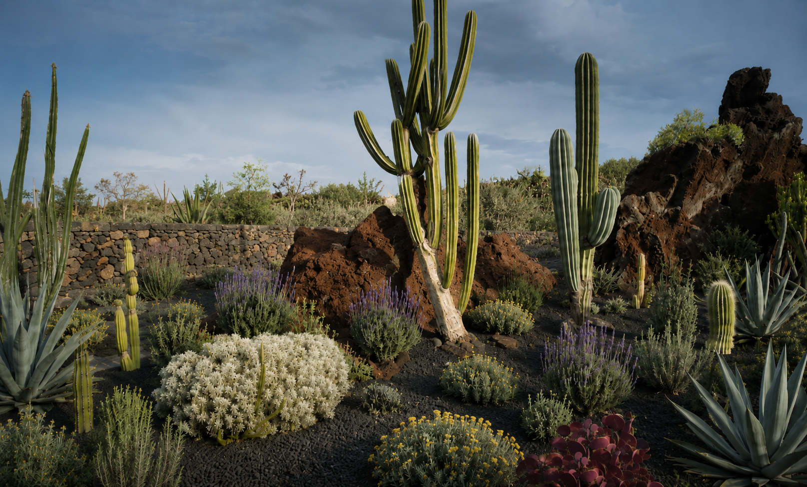 Giardino xerofilo con cactus colonnari, agavi, lavanda, rosmarino, elicriso, lentisco e graminacee mediterranee, progettato per resistere alla siccità e richiedere poca acqua