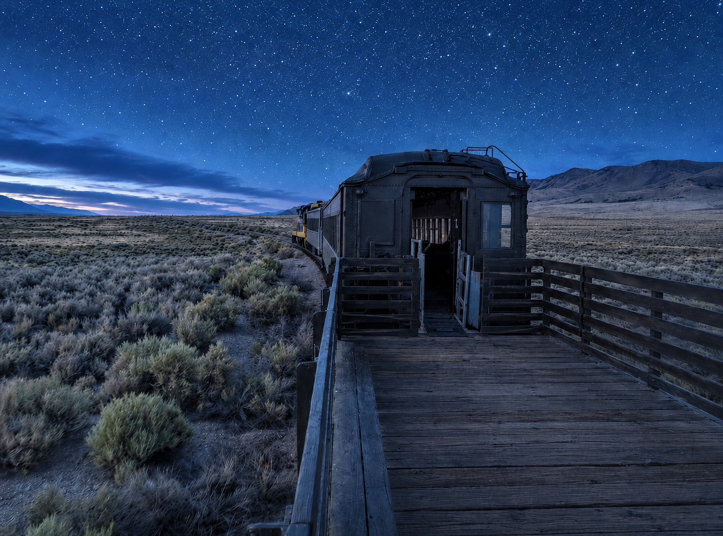 Great Basin Star Train in Nevada con carrozze aperte per osservare le stelle, in viaggio nel deserto sotto un cielo notturno limpido e ricco di stelle.