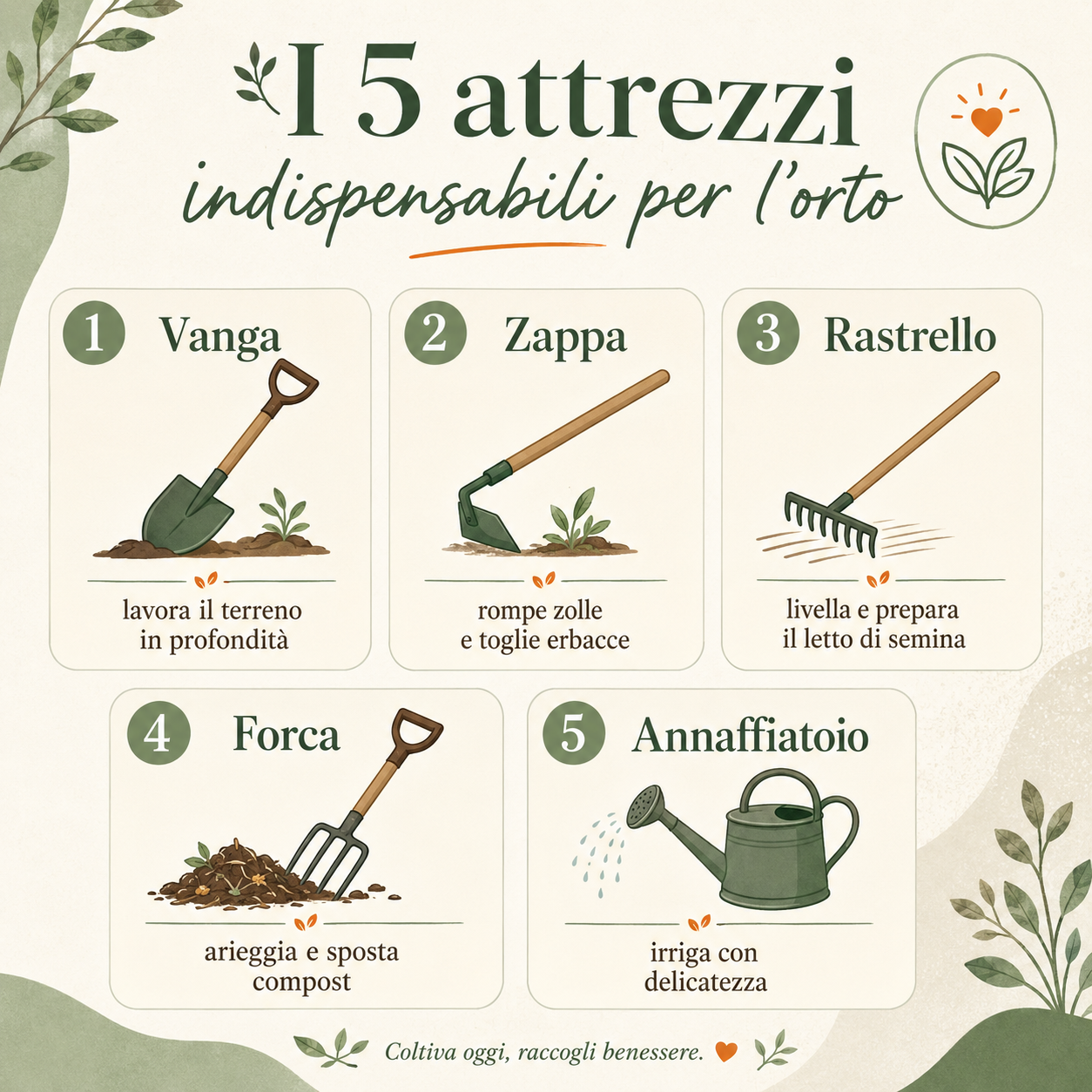 Infografica con i 5 attrezzi indispensabili per l’orto: vanga, zappa, rastrello, forca e annaffiatoio, con le funzioni principali di ciascun utensile