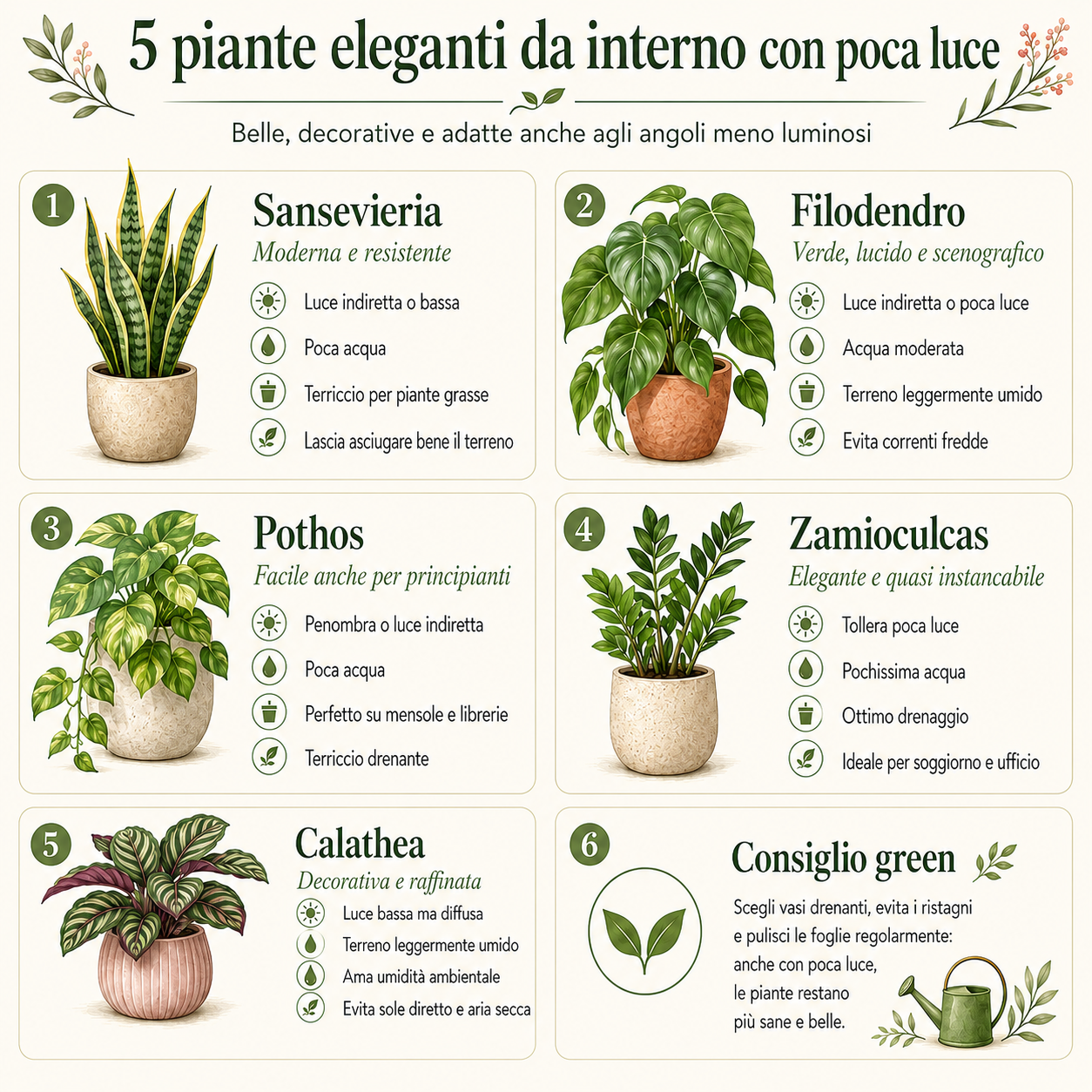 Infografica con cinque piante da interno eleganti che crescono bene con poca luce — sansevieria, filodendro, pothos, zamioculcas e calathea — con consigli pratici su luce, acqua e cura, più un box finale con consiglio green