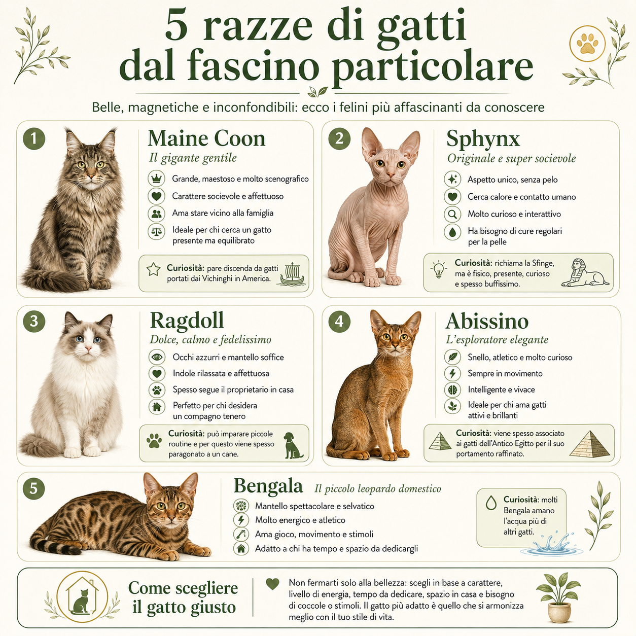 Infografica elegante sulle 5 razze di gatti dal fascino particolare: Maine Coon, Sphynx, Ragdoll, Abissino e Bengala, con caratteristiche, curiosità e consigli per scegliere il gatto giusto