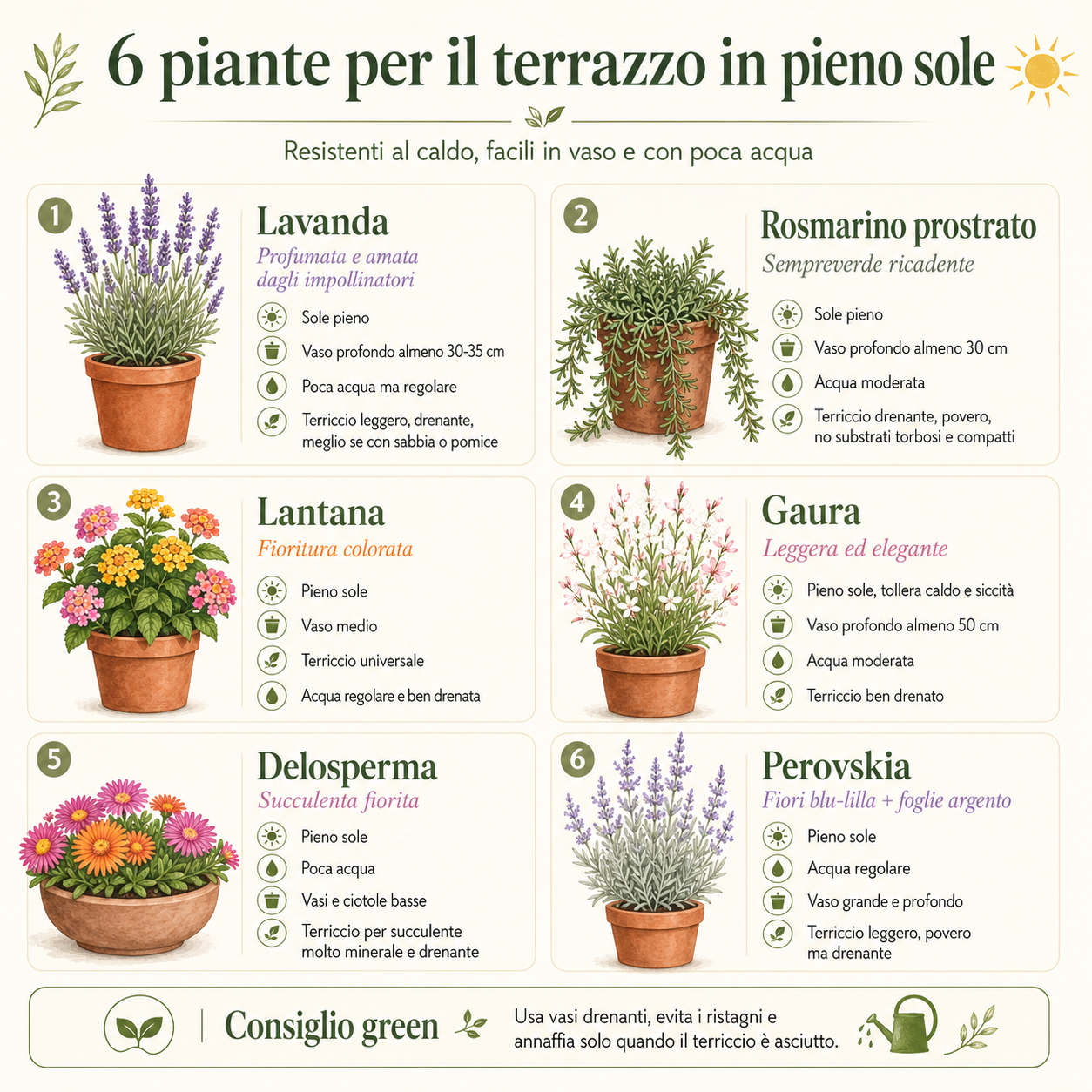Infografica con 6 piante ideali per un terrazzo in pieno sole: lavanda, rosmarino prostrato, lantana, gaura, delosperma e perovskia, con indicazioni su vaso, acqua, terriccio e manutenzione