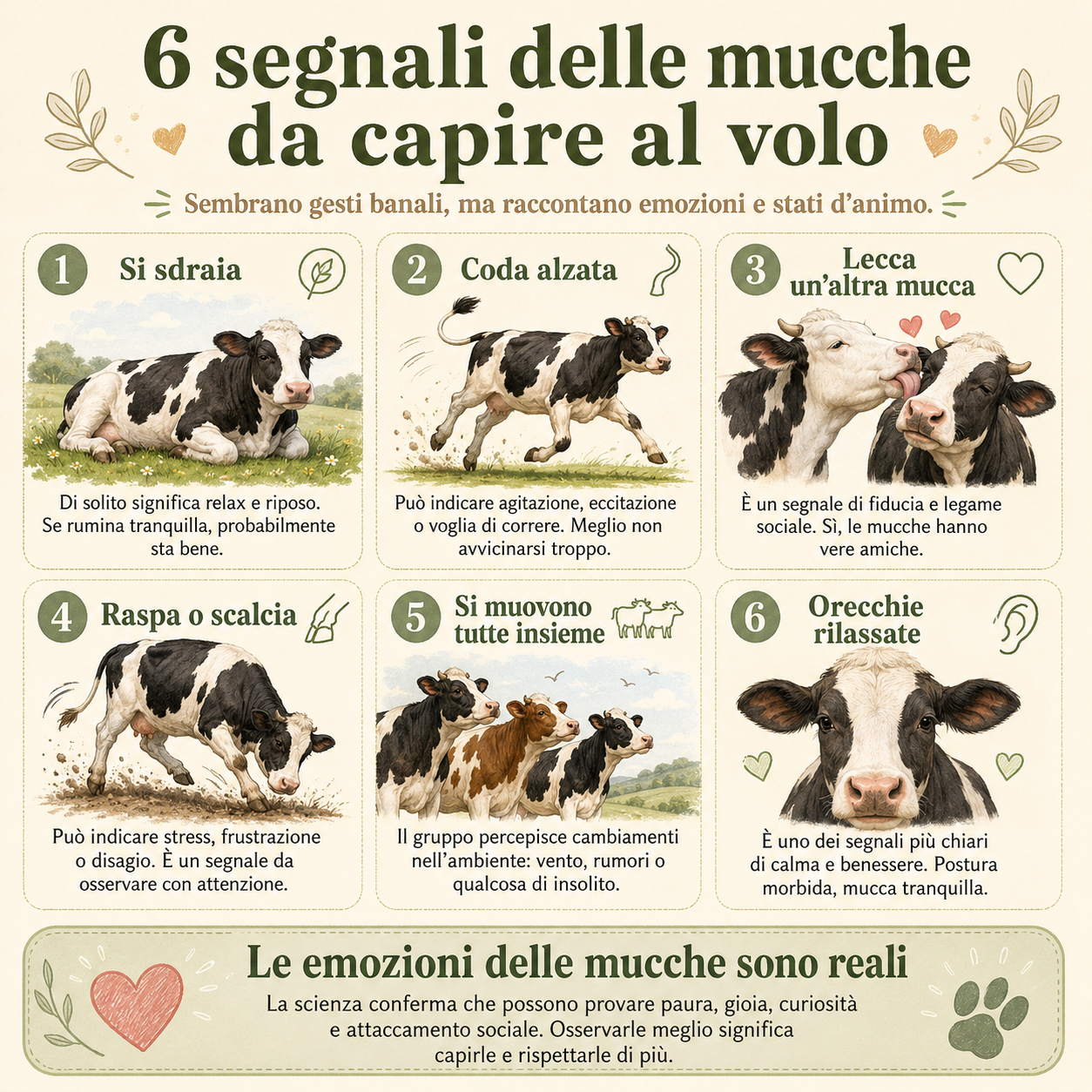 Infografica simpatica che riassume 6 segnali del comportamento delle mucche — sdraiarsi, coda alzata, leccare un’altra mucca, raspare il terreno, muoversi in gruppo e orecchie rilassate — con un box finale che spiega che le emozioni delle mucche sono reali.