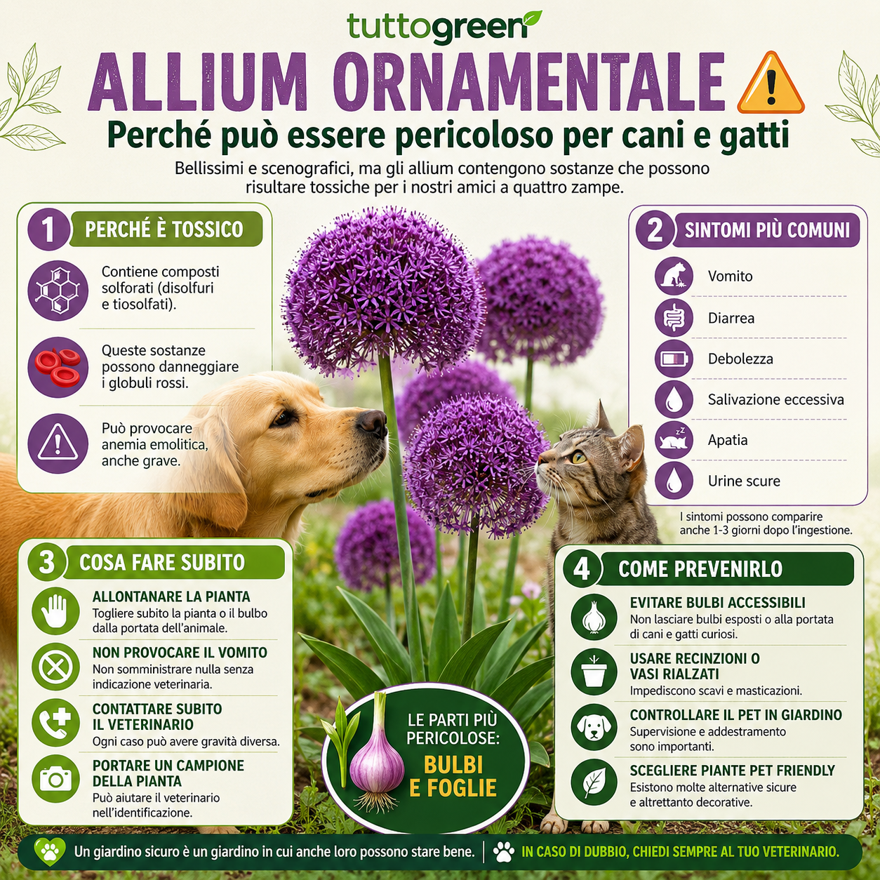 Infografica che spiega perché l’allium ornamentale è tossico per cani e gatti, con sintomi, rischi, prevenzione e consigli veterinari