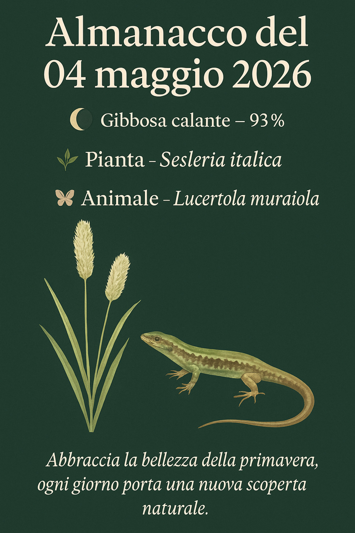 Infografica Almanacco del 04 maggio 2026 — Sesleria italica e Lucertola muraiola