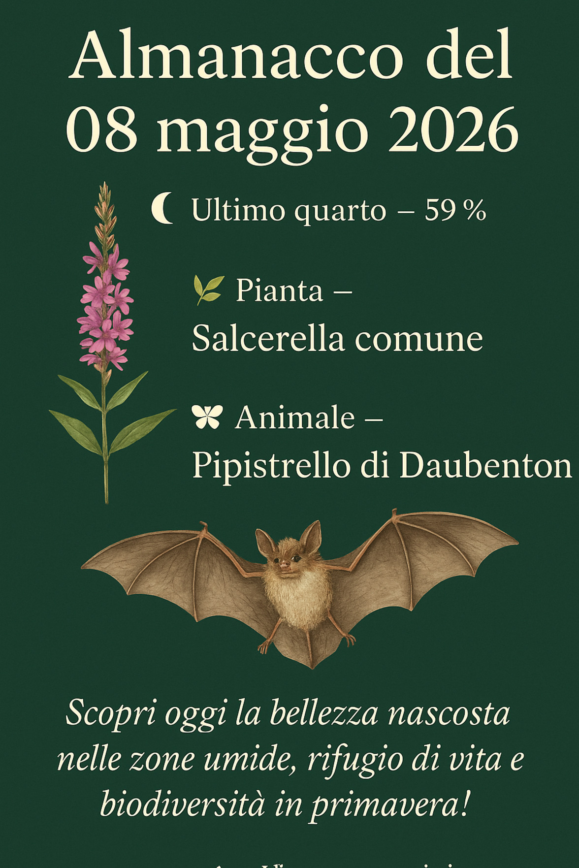 Infografica Almanacco del 08 maggio 2026 — Salcerella comune e Pipistrello di Daubenton