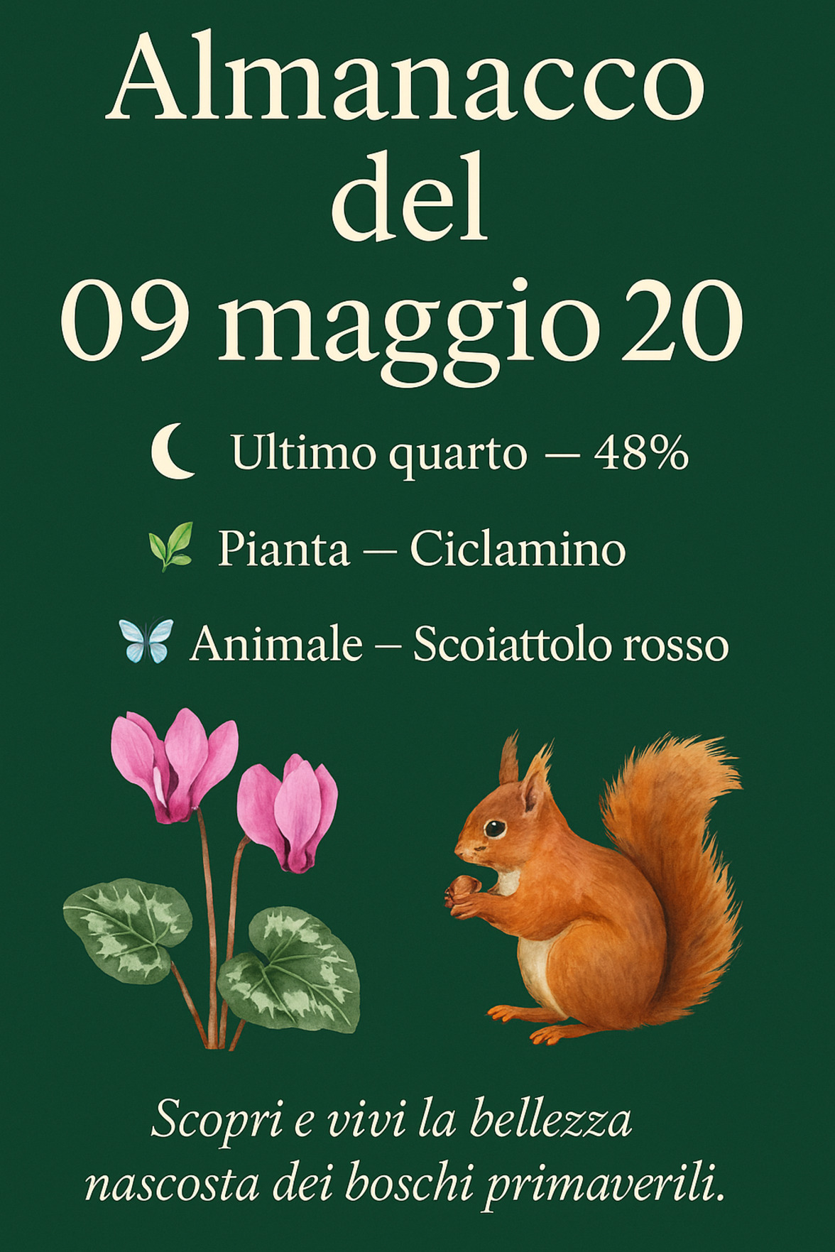 Infografica Almanacco del 09 maggio 2026 — Ciclamino e Scoiattolo rosso