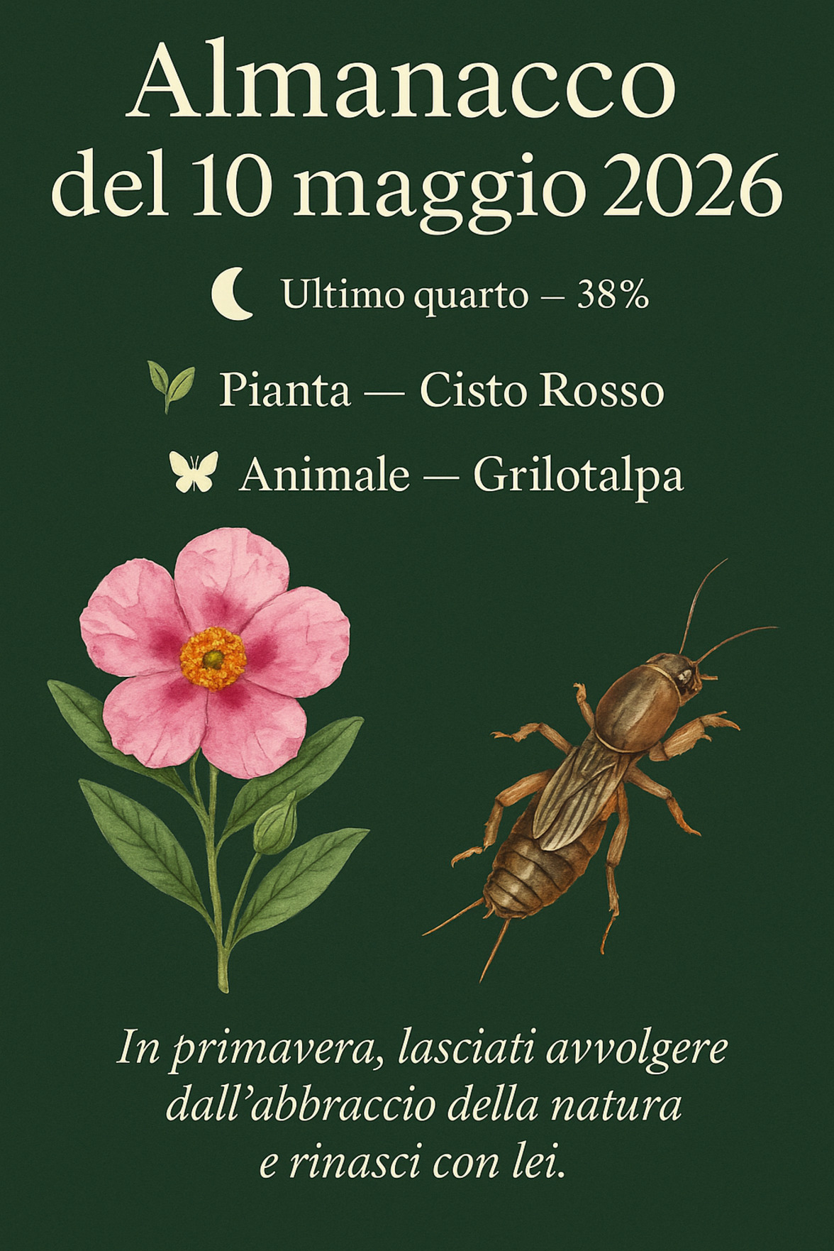 Infografica Almanacco del 10 maggio 2026 — Cisto Rosso e Grillotalpa