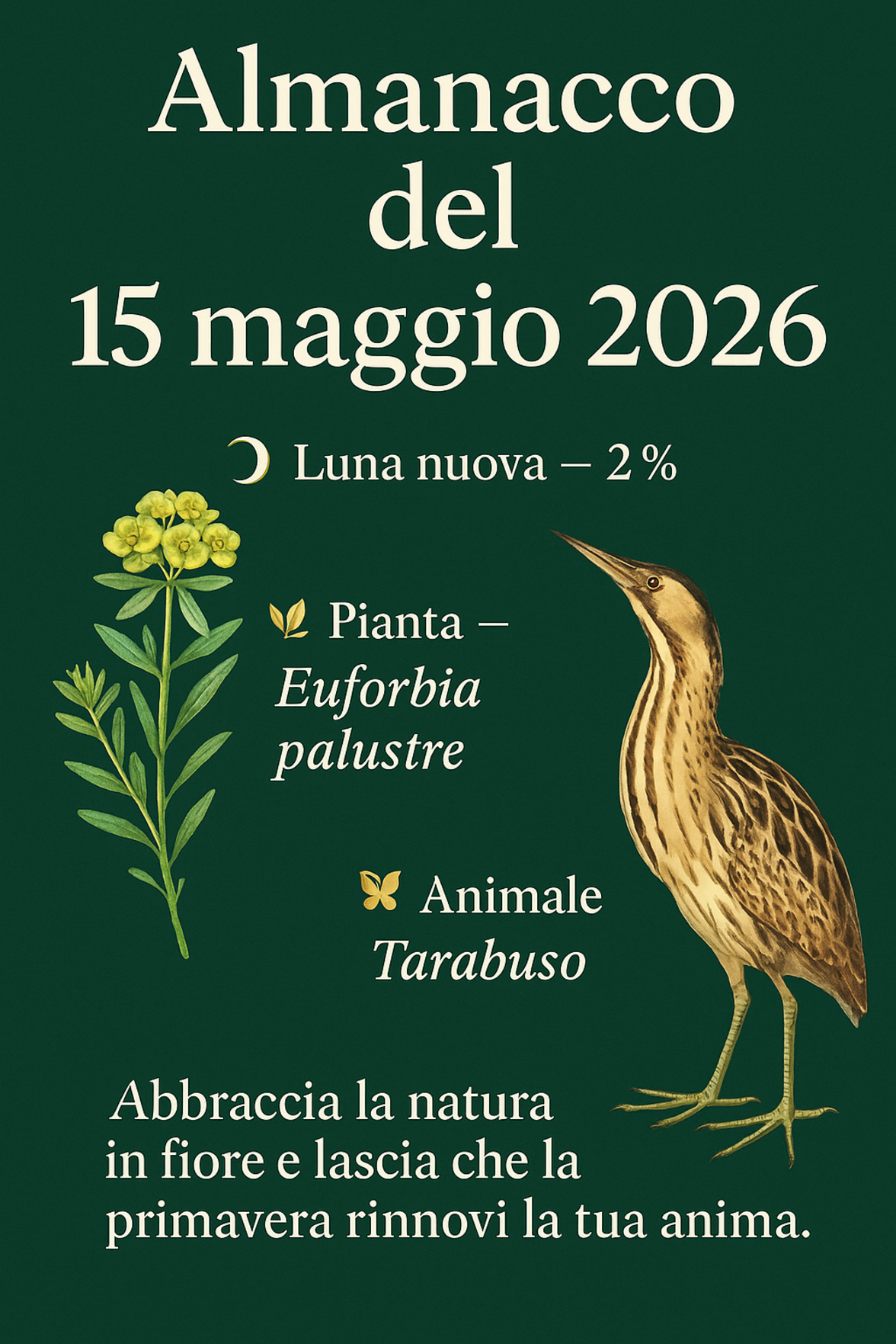 Infografica Almanacco del 15 maggio 2026 — Euforbia palustre e Tarabuso