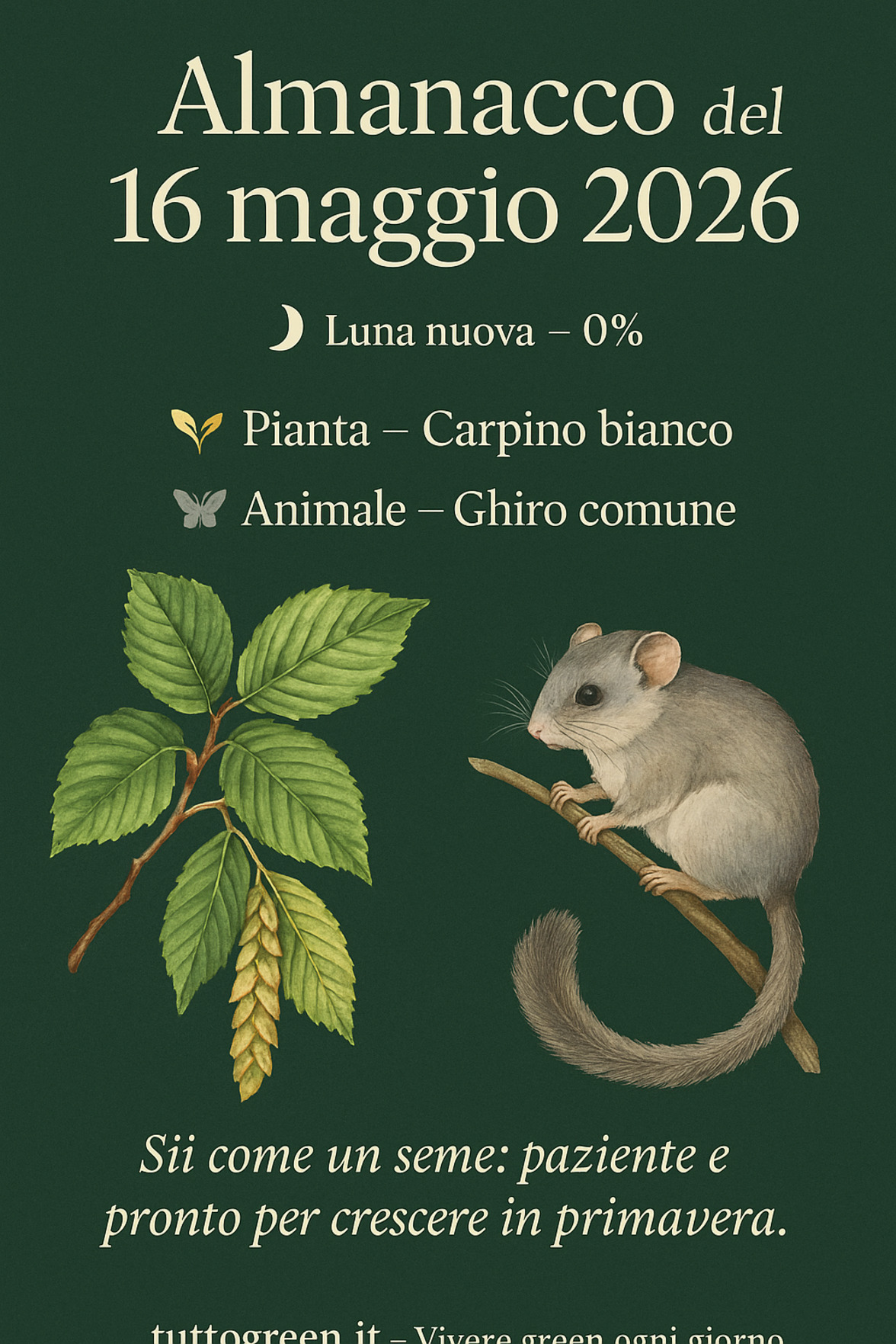 Infografica Almanacco del 16 maggio 2026 — Carpino bianco e Ghiro comune