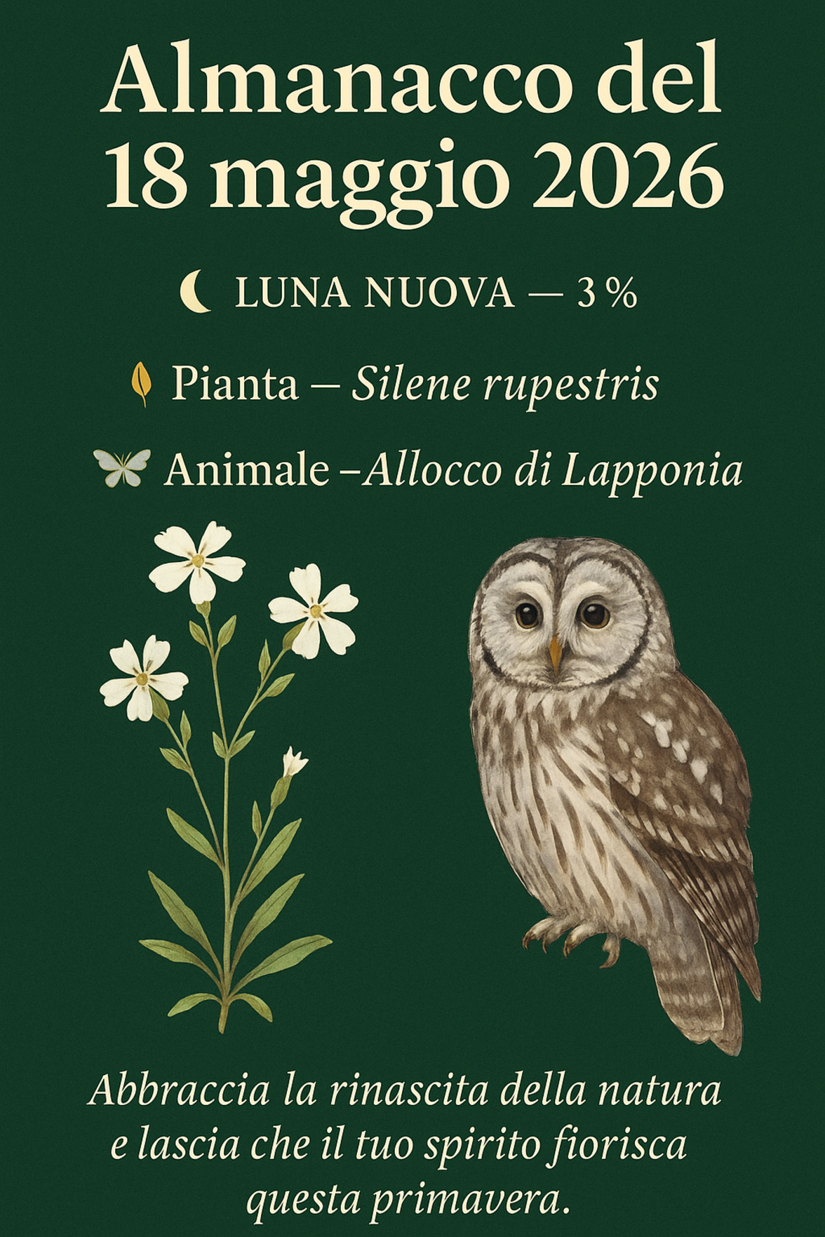 Infografica Almanacco del 18 maggio 2026 — Silene rupestris e Allocco di Lapponia