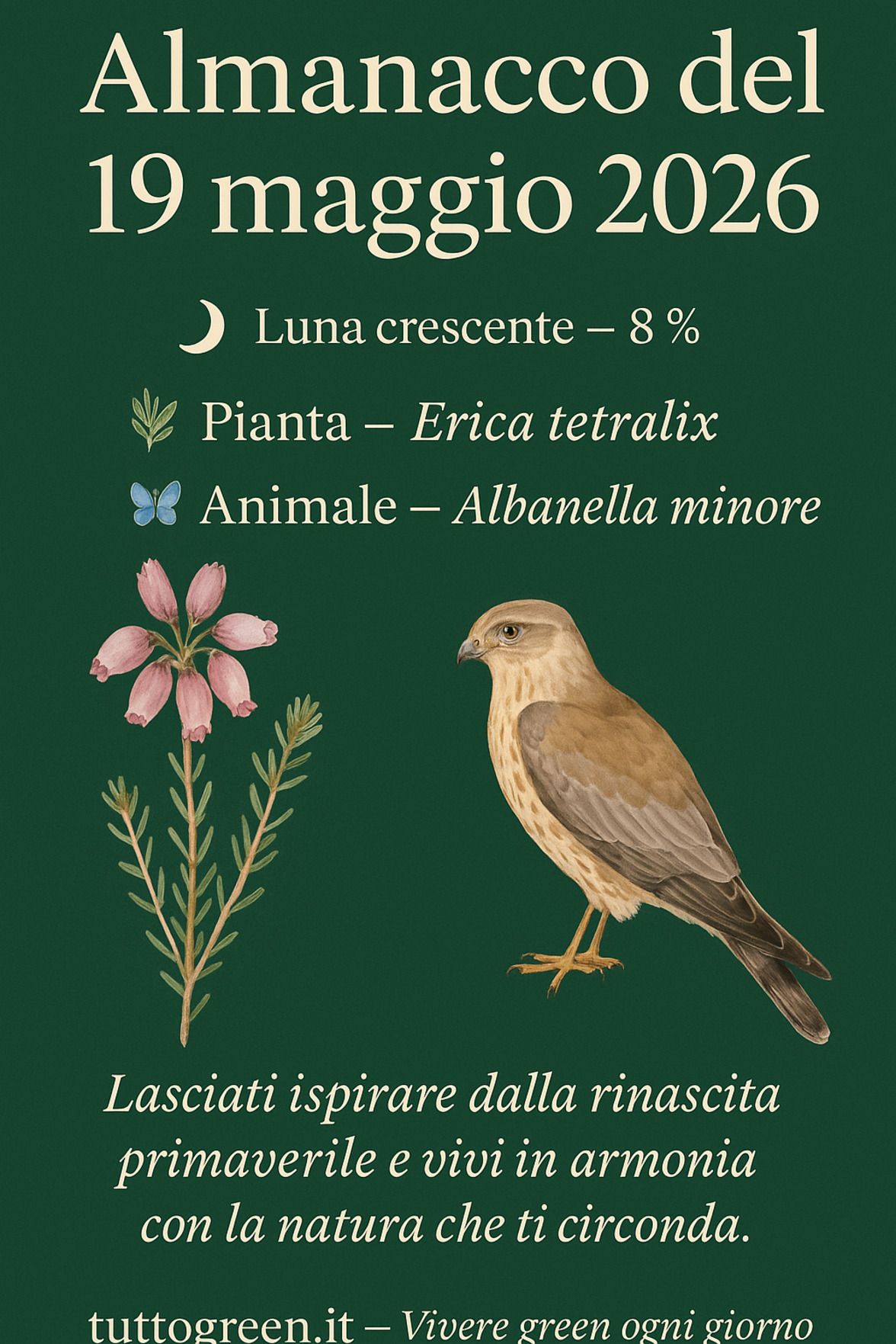 Infografica Almanacco del 19 maggio 2026 — Erica tetralix e Albanella minore