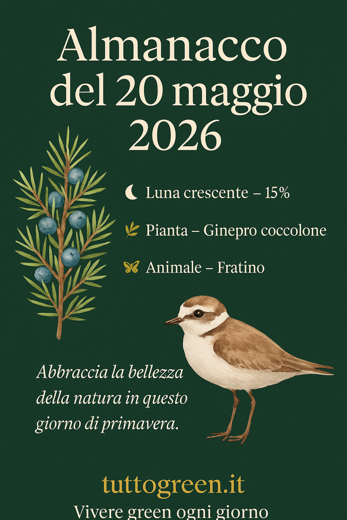 Infografica Almanacco del 20 maggio 2026 — Ginepro coccolone e Fratino