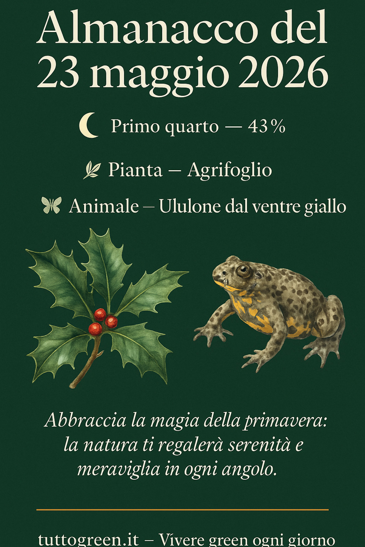 Infografica Almanacco del 23 maggio 2026 — Agrifoglio e Ululone dal ventre giallo