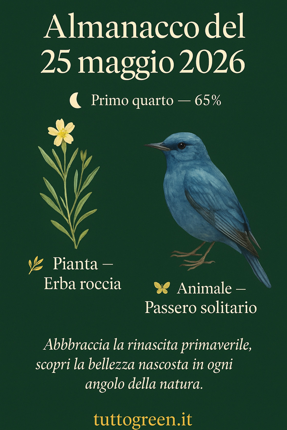 Infografica Almanacco del 25 maggio 2026 — Erba roccia e Passero solitario