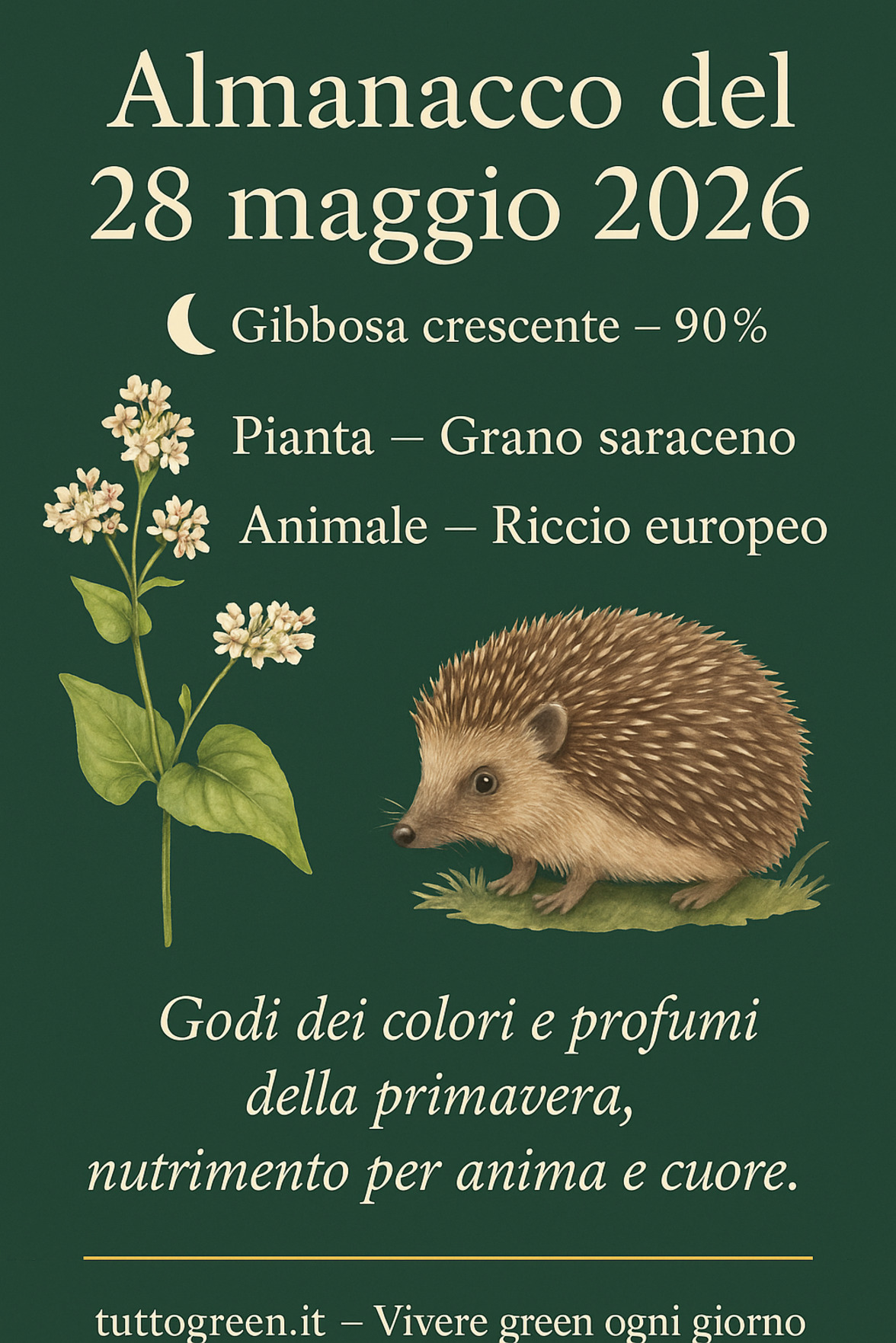 Infografica Almanacco del 28 maggio 2026 — Grano saraceno e Riccio europeo