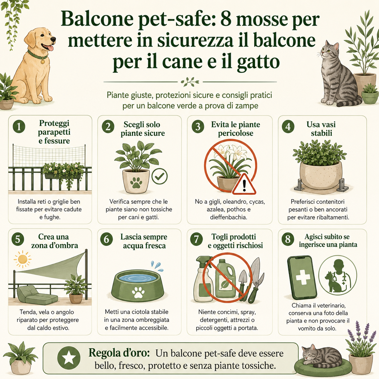 Infografica quadrata con 8 consigli per mettere in sicurezza un balcone per cani e gatti, con indicazioni su reti di protezione, piante sicure, piante tossiche da evitare, vasi stabili, zona d’ombra, acqua fresca, prodotti rischiosi e contatto immediato del veterinario