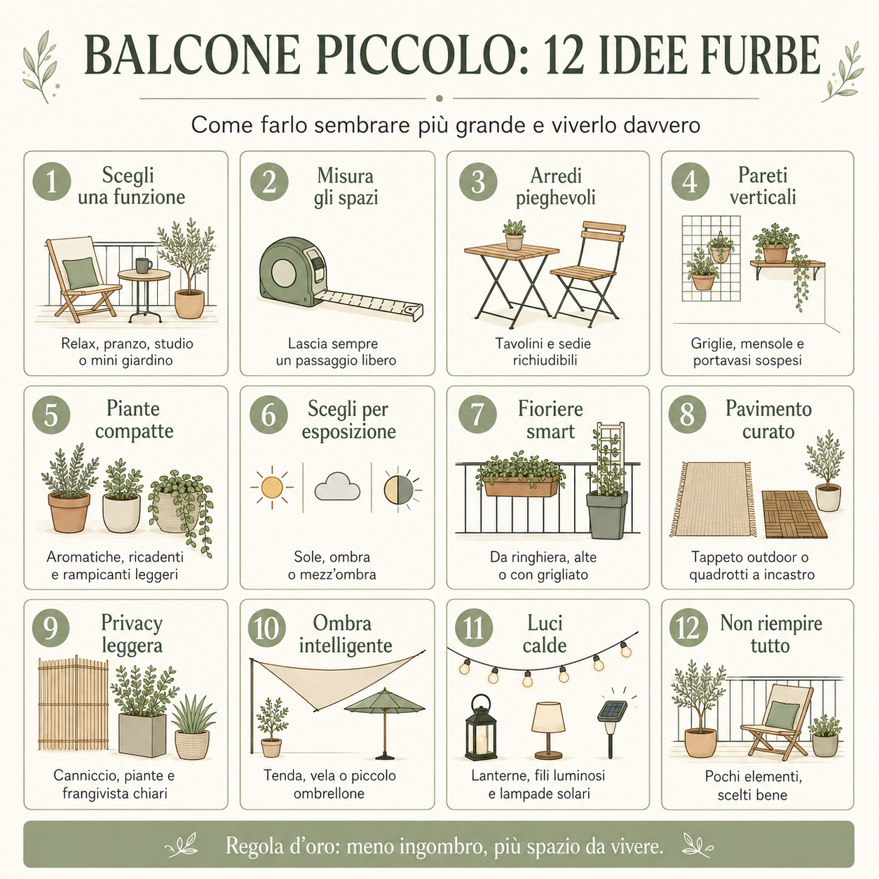 Infografica con 12 idee per arredare un balcone piccolo e farlo sembrare più grande, con consigli su arredi pieghevoli, pareti verticali, piante compatte, fioriere smart, pavimento curato, privacy leggera, ombra e luci calde