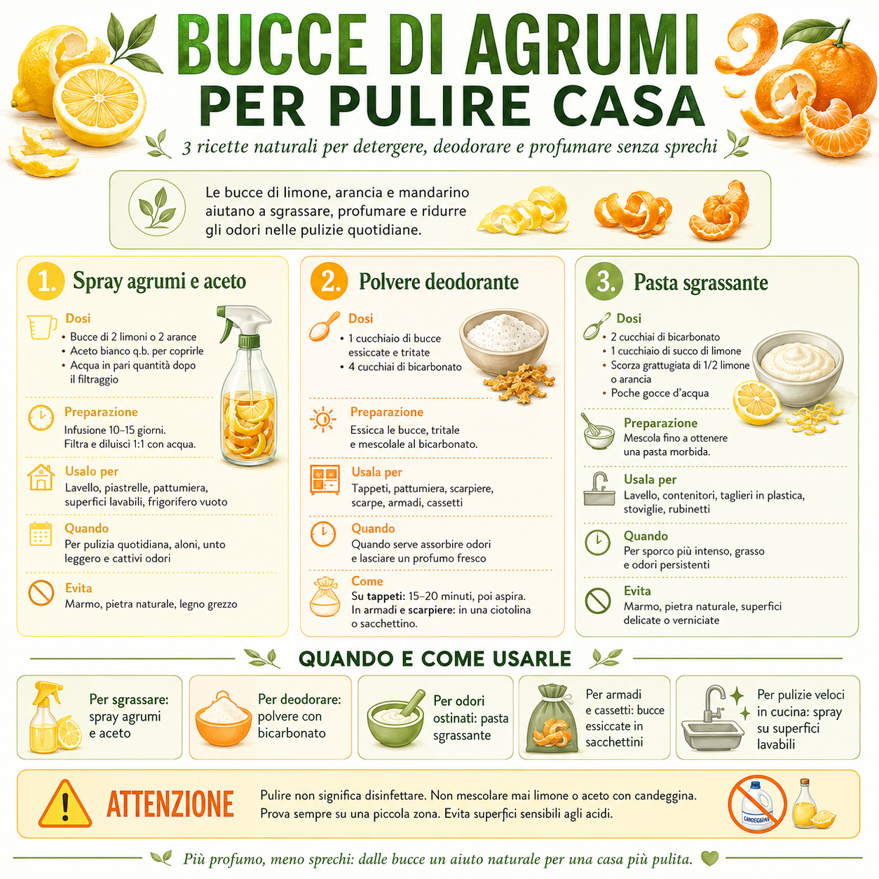 Infografica con tre ricette naturali per usare le bucce di agrumi nelle pulizie di casa: spray con aceto, polvere deodorante con bicarbonato e pasta sgrassante