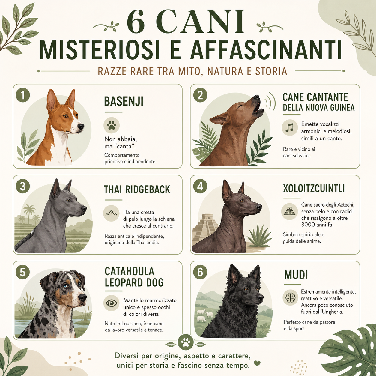 Infografica con 6 razze di cani misteriosi e affascinanti tra cui Basenji, Xoloitzcuintli, Mudi e Thai Ridgeback con caratteristiche principali