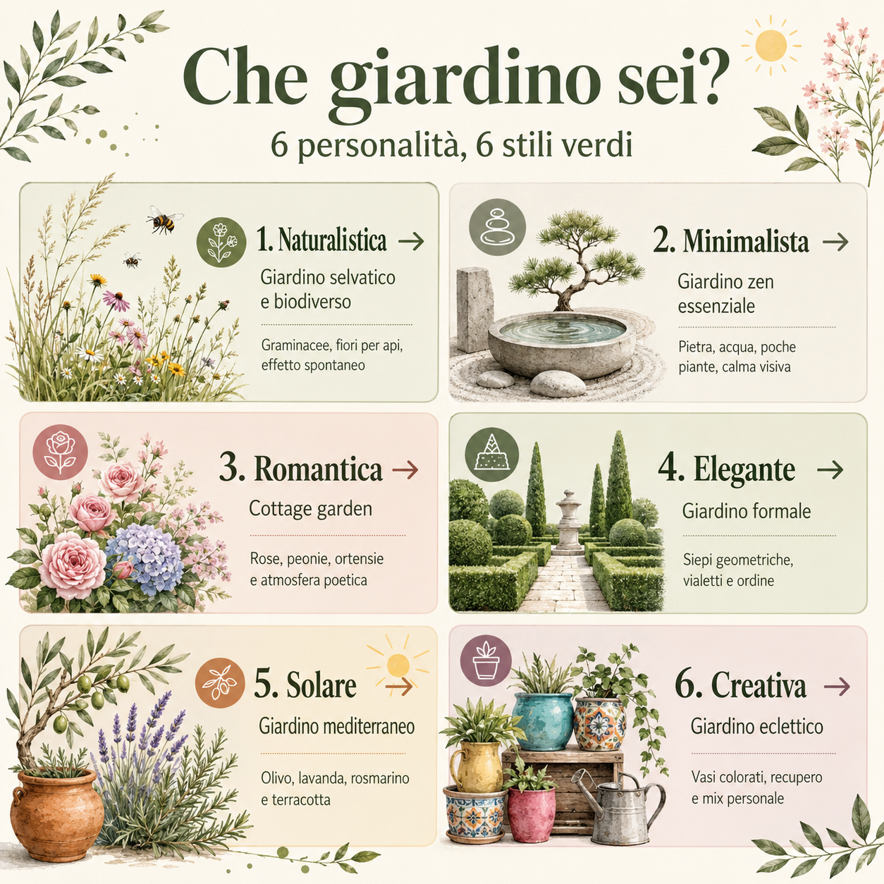 Infografica con sei personalità e sei stili di giardino: naturalistico, minimal, cottage, formale, mediterraneo ed eclettico