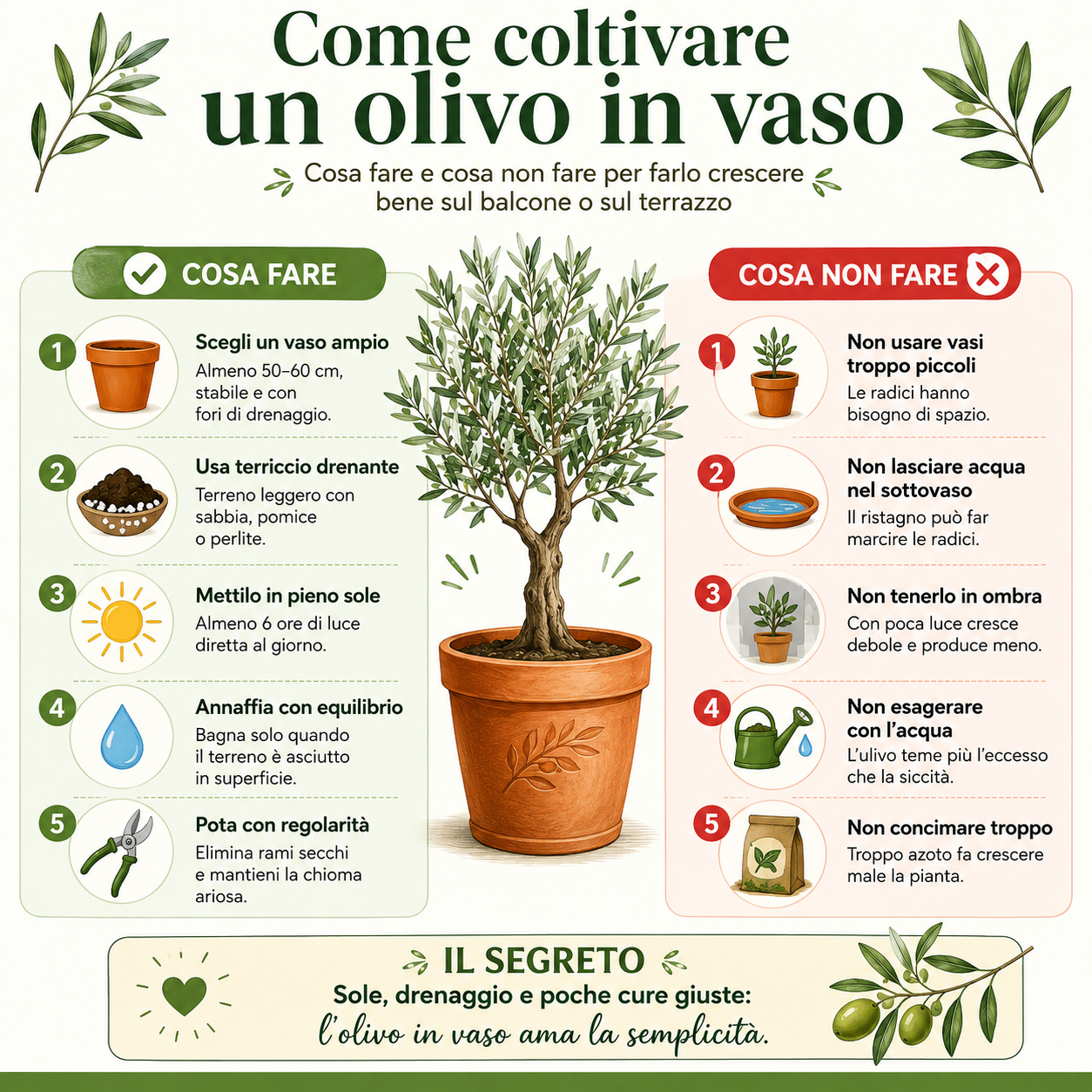 Infografica con consigli pratici su come coltivare un olivo in vaso, cosa fare e cosa evitare per farlo crescere bene su balcone o terrazzo