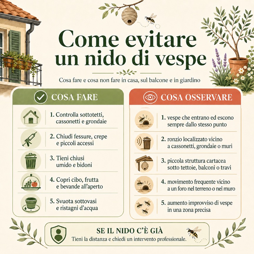 Infografica con consigli pratici su cosa fare e cosa osservare per evitare la formazione di un nido di vespe in casa, sul balcone o in giardino