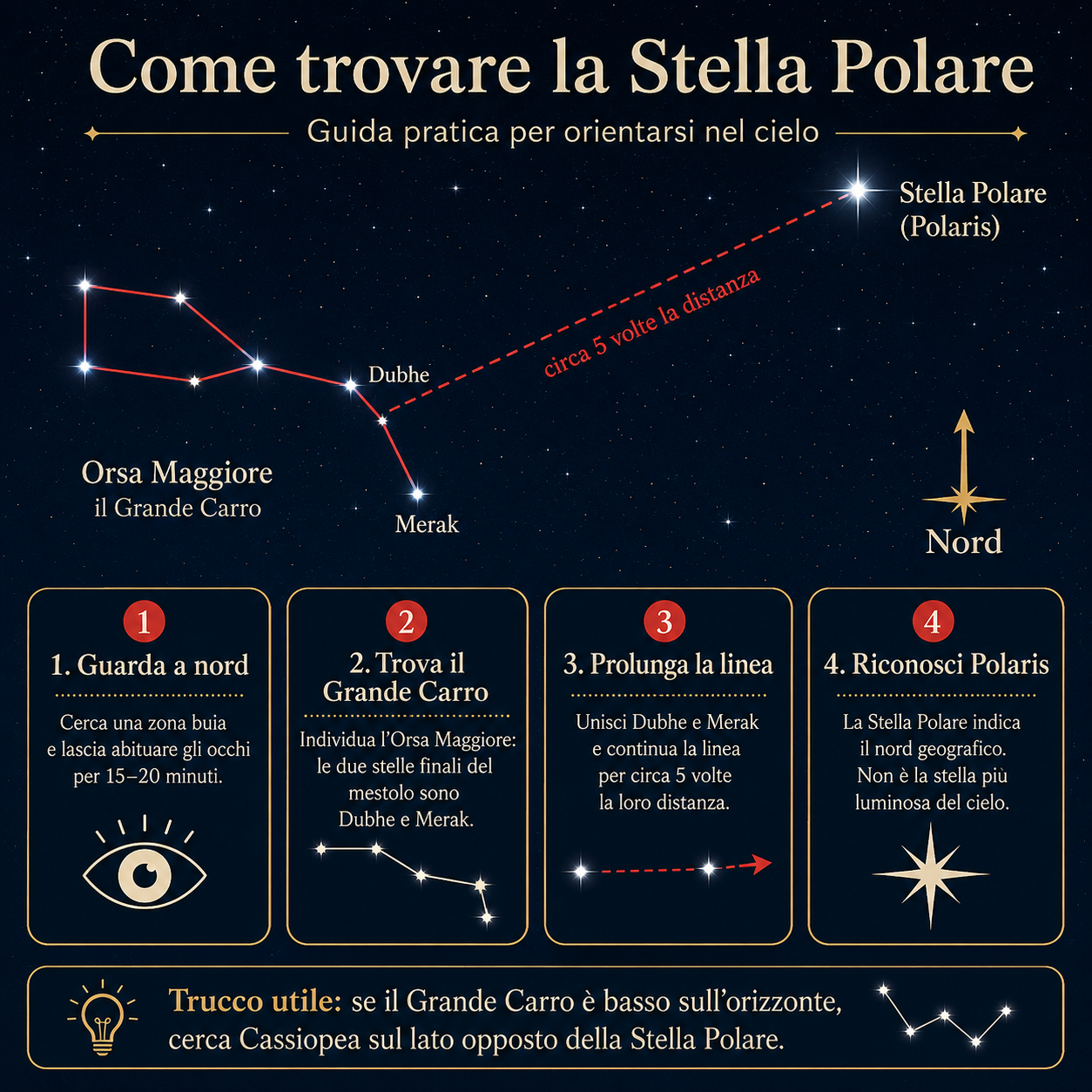 Infografica che spiega come trovare la Stella Polare partendo dall’Orsa Maggiore, usando Dubhe e Merak e una linea guida verso nord.