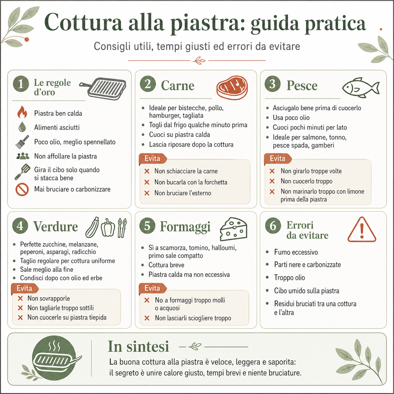 Infografica con consigli pratici per la cottura alla piastra di carne, pesce, verdure e formaggi, con regole base ed errori da evitare
