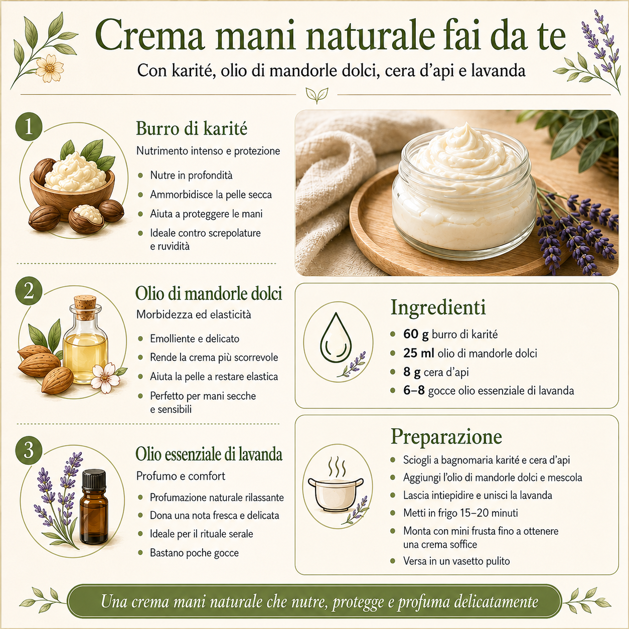 Infografica sulla crema mani naturale fai da te con burro di karité, olio di mandorle dolci, cera d’api e olio essenziale di lavanda, con ingredienti, benefici e preparazione sintetica.