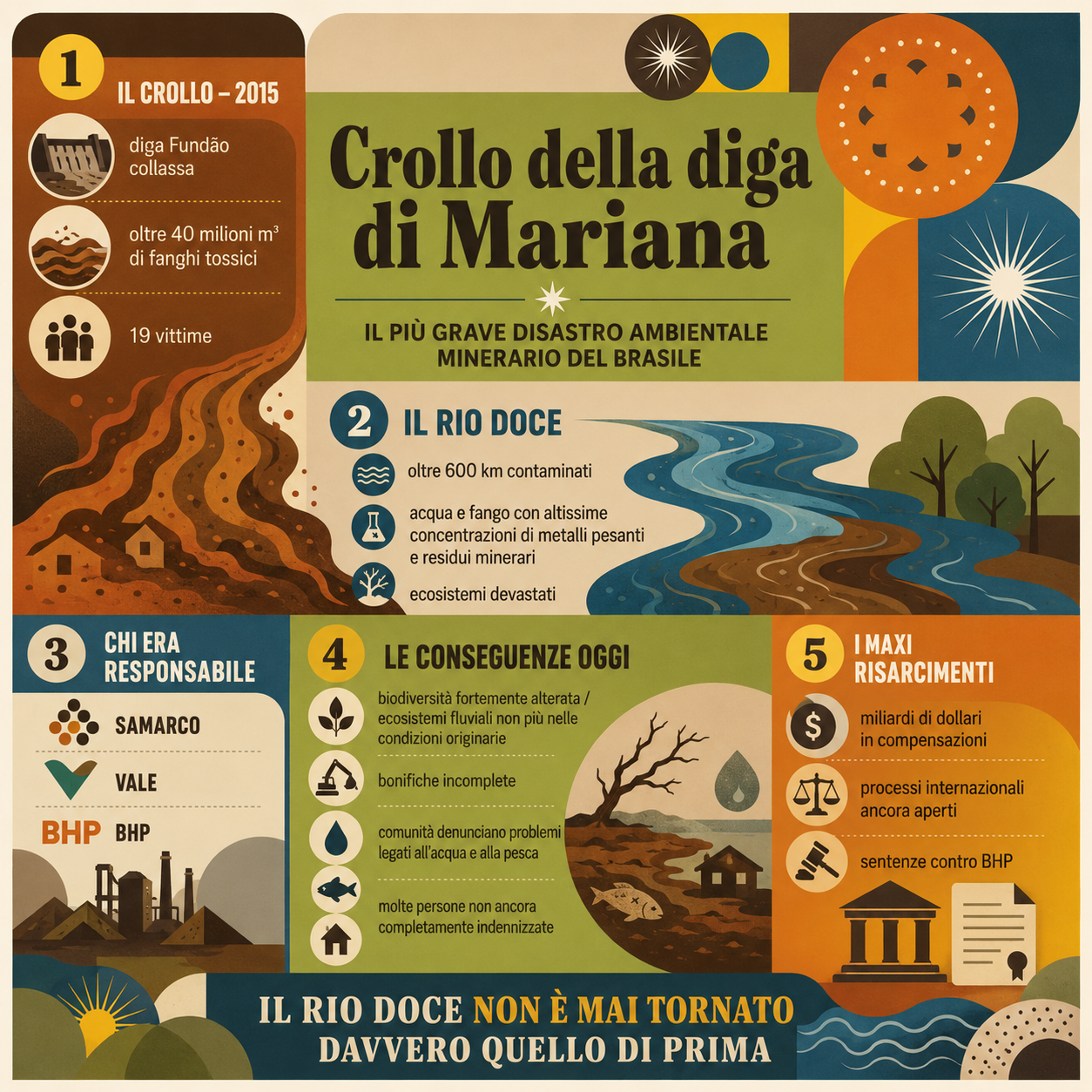 Infografica rétro-moderna sul crollo della diga di Mariana in Brasile con dati su fanghi tossici, contaminazione del Rio Doce, conseguenze ambientali, aziende responsabili e risarcimenti ancora in corso
