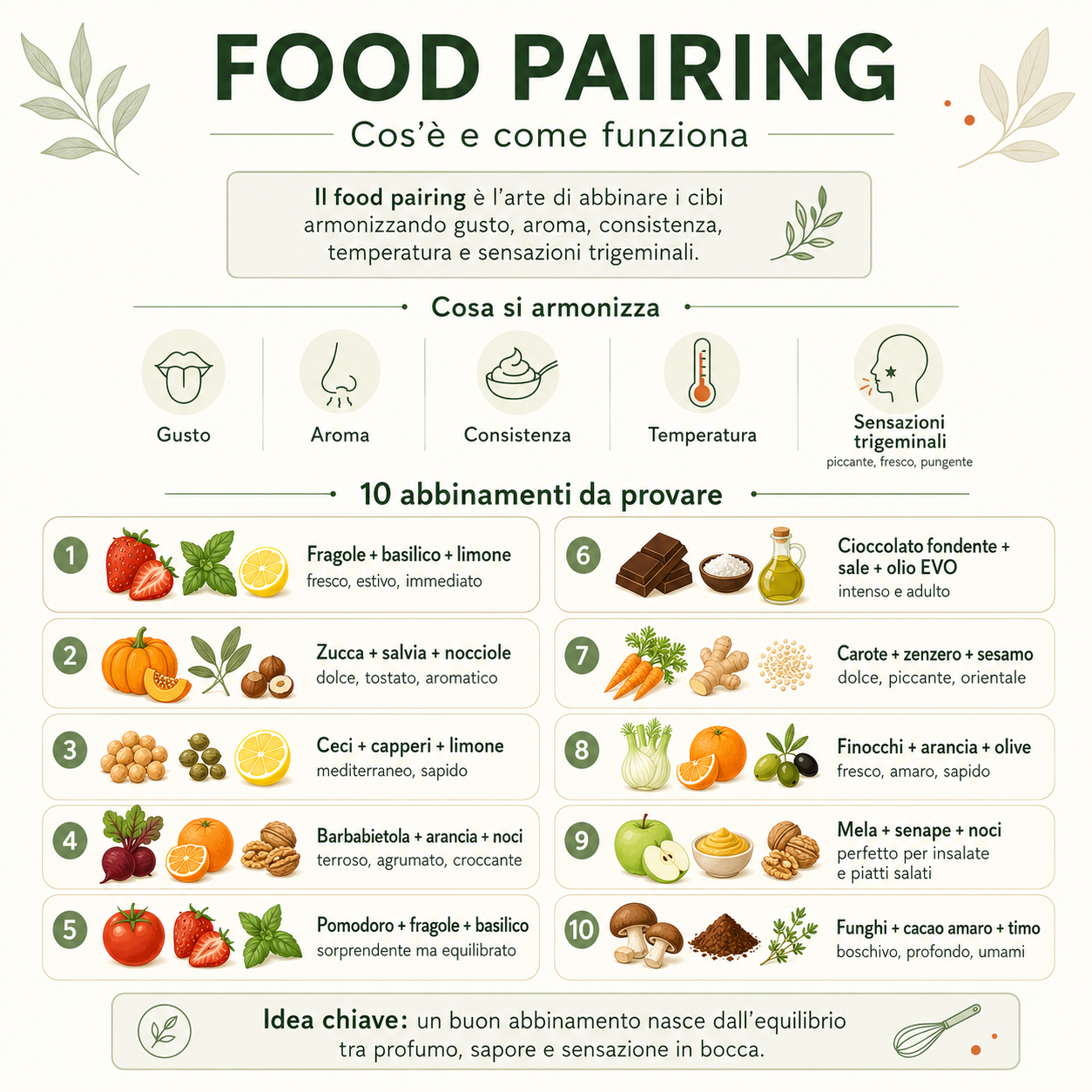 Infografica quadrata sul food pairing che spiega come armonizzare gusto, aroma, consistenza, temperatura e sensazioni trigeminali, con 10 esempi di abbinamenti come fragole e basilico, zucca e salvia, ceci e capperi, cioccolato fondente e olio extravergine