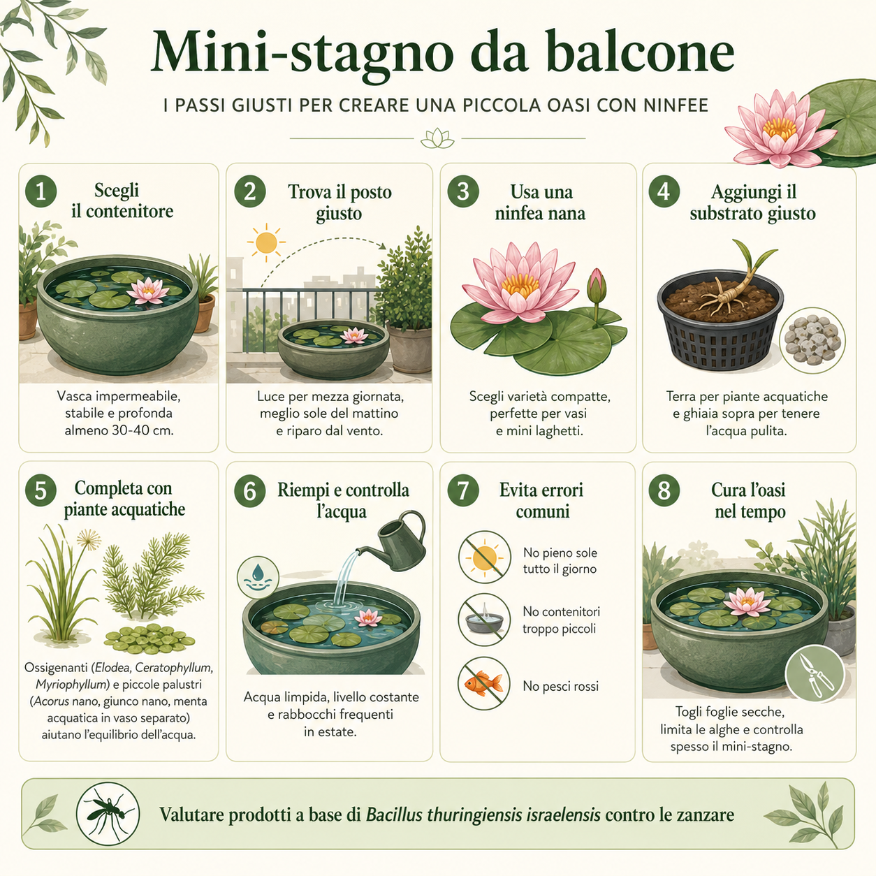 Infografica quadrata che spiega in 8 passi come creare un mini-stagno da balcone con ninfee, dalla scelta del contenitore alla posizione, dalle piante acquatiche alla cura dell’acqua e alla prevenzione delle zanzare