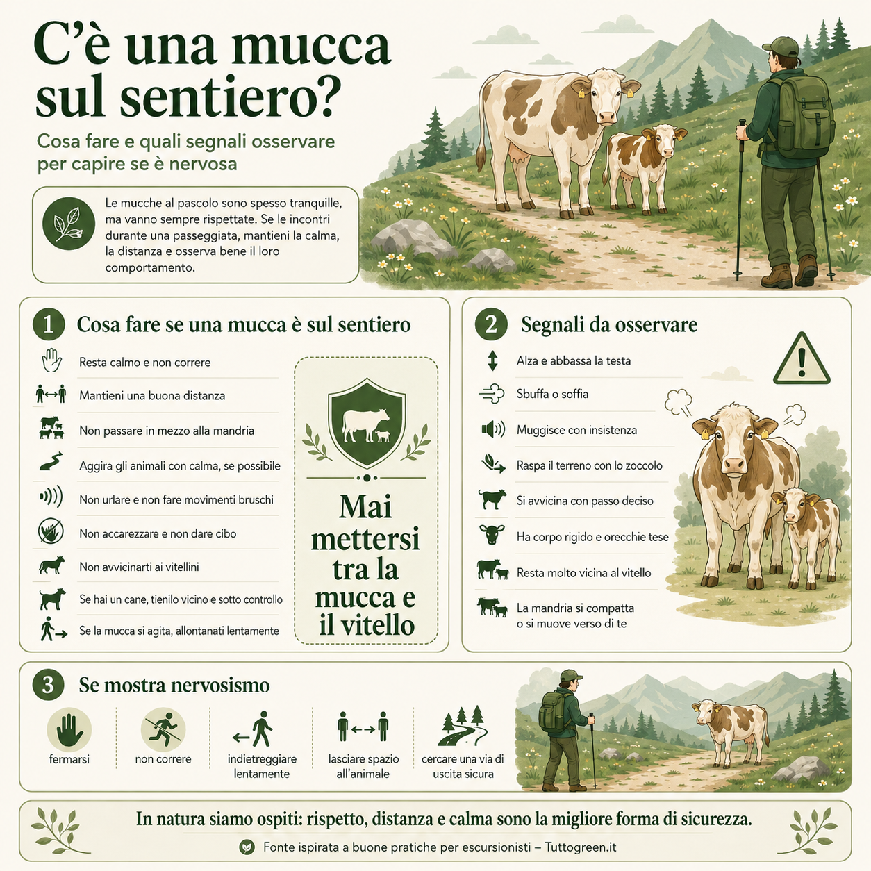 Infografica quadrata che spiega cosa fare se si incontra una mucca sul sentiero, i segnali per capire se è nervosa e come allontanarsi in sicurezza durante un’escursione
