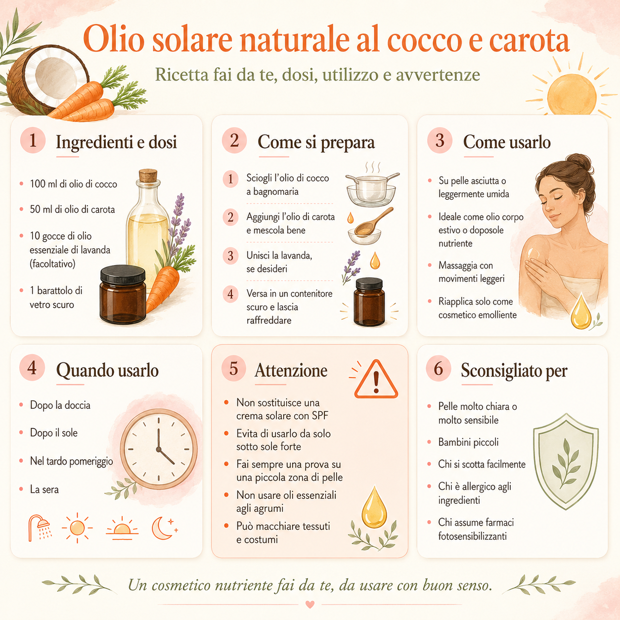 Infografica elegante con ricetta, dosi, modalità d’uso e avvertenze per preparare in casa un olio solare naturale al cocco e carota