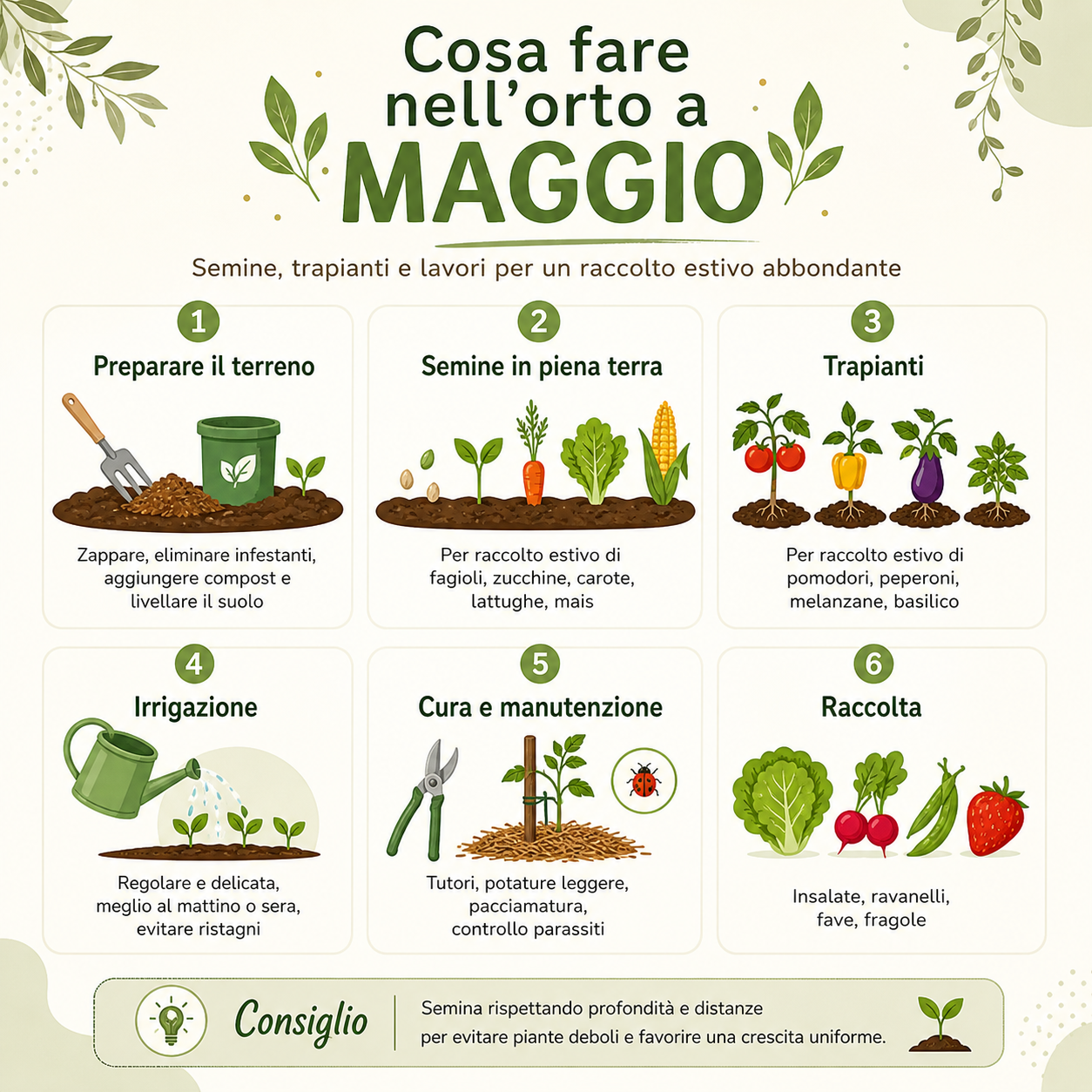 Infografica sui lavori da fare nell’orto a maggio con semine, trapianti, irrigazione, manutenzione e raccolta degli ortaggi