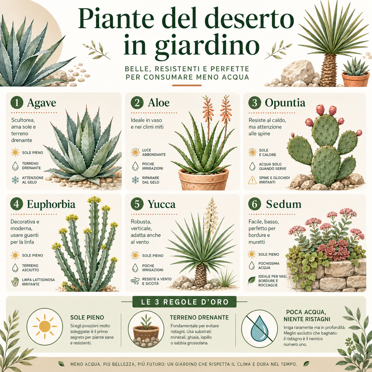 Infografica sulle piante del deserto adatte al giardino italiano, con agave, aloe, opuntia, euphorbia, yucca e sedum, più consigli su sole, terreno drenante e poca acqua