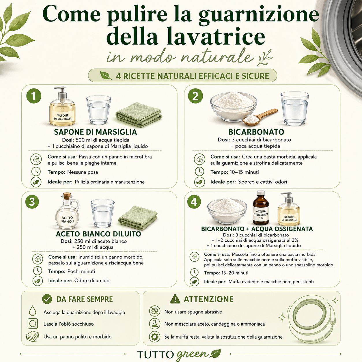 Infografica su come pulire la guarnizione della lavatrice in modo naturale con 4 ricette a base di sapone di Marsiglia, bicarbonato, aceto bianco e acqua ossigenata