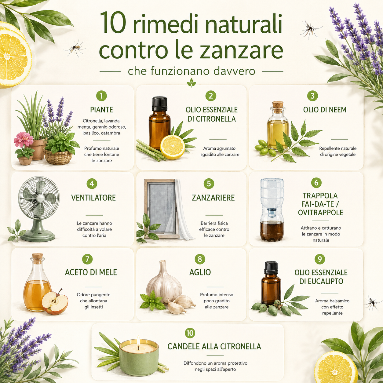 Infografica con 10 rimedi naturali contro le zanzare tra piante aromatiche, oli essenziali, zanzariere, ventilatore e trappole fai-da-te illustrati in stile elegante e minimal