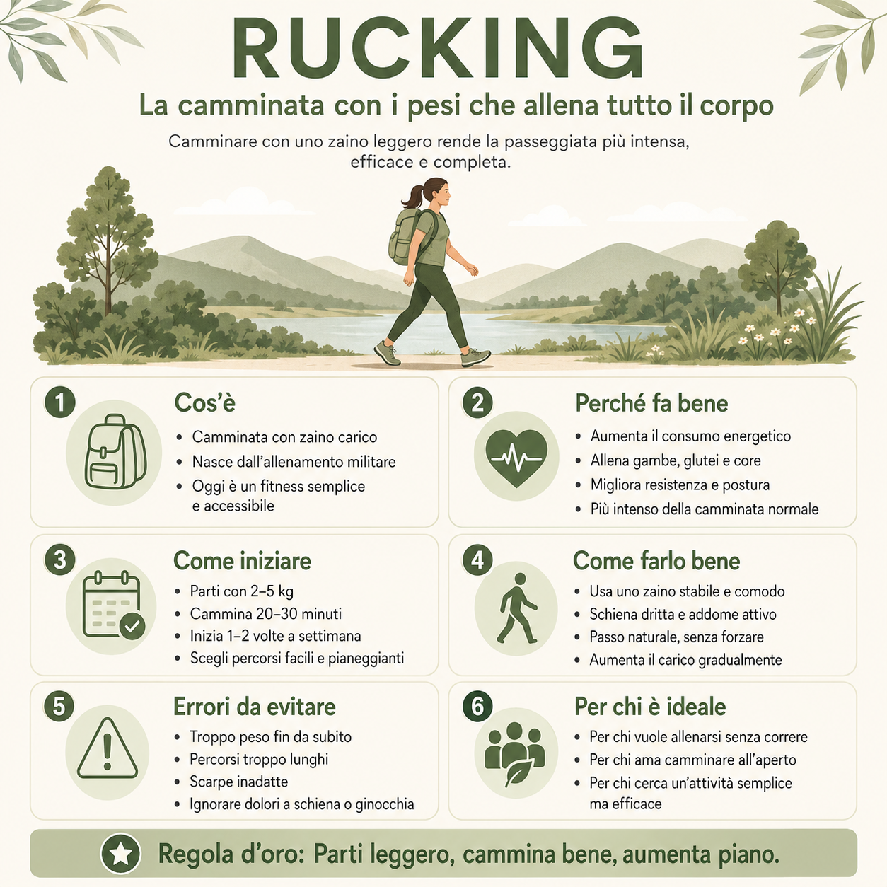Infografica sul rucking con benefici, consigli per iniziare, postura corretta ed errori da evitare nella camminata con i pesi