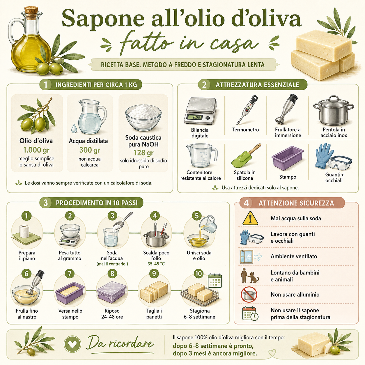 Infografica illustrata che spiega come fare il sapone all’olio d’oliva in casa, con ingredienti, attrezzatura necessaria, procedimento in 10 passi e principali regole di sicurezza per la saponificazione