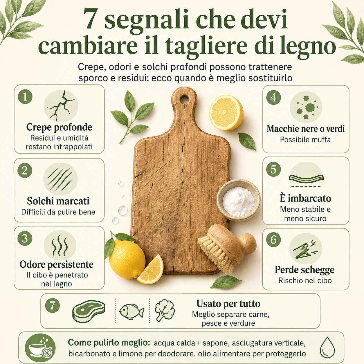 Infografica sui 7 segnali che indicano quando cambiare il tagliere di legno: crepe profonde, solchi marcati, odore persistente, macchie nere o verdi, tagliere imbarcato, schegge e uso promiscuo per carne, pesce e verdure, con consigli finali per pulirlo in modo corretto